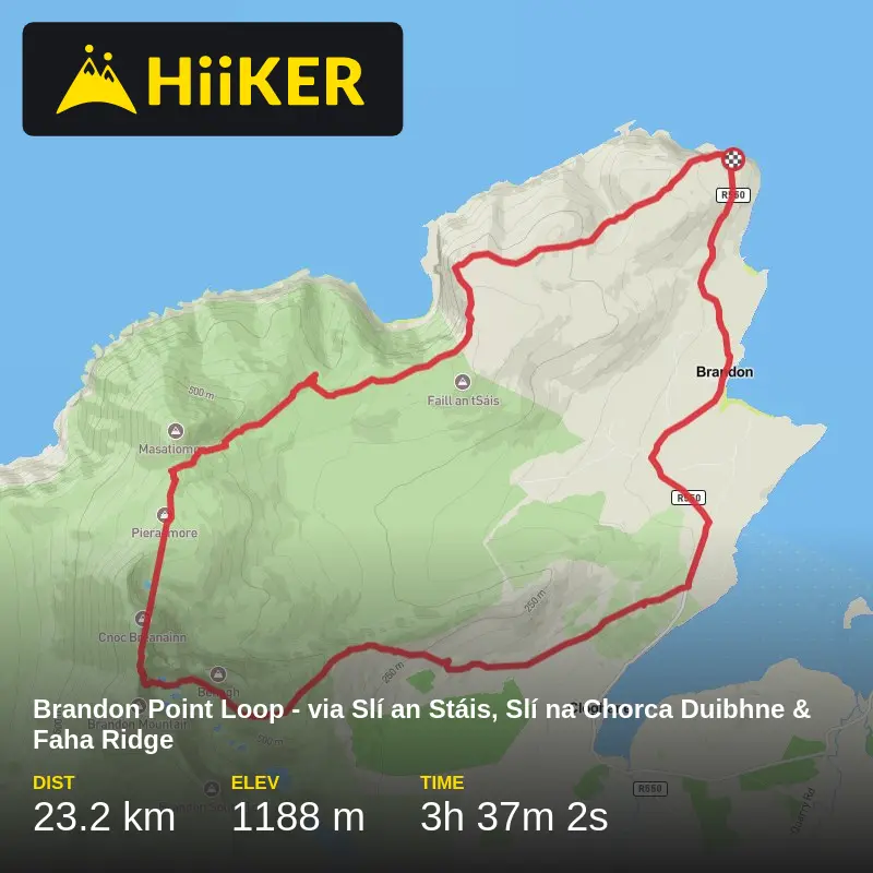 A map preview of the recording Brandon Point Loop - via Slí an Stáis, Slí na Chorca Duibhne & Faha Ridge.