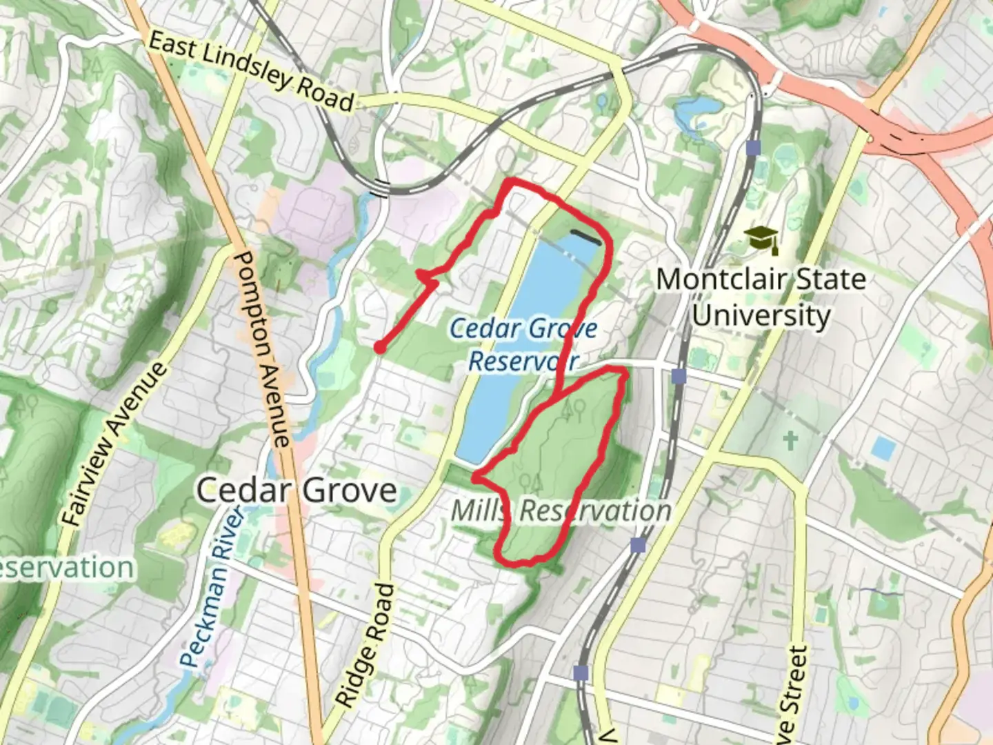 An image depicting the trail Cedar Grove Reservoir, Lenape and Blue Loop Trail and its surrounding area.