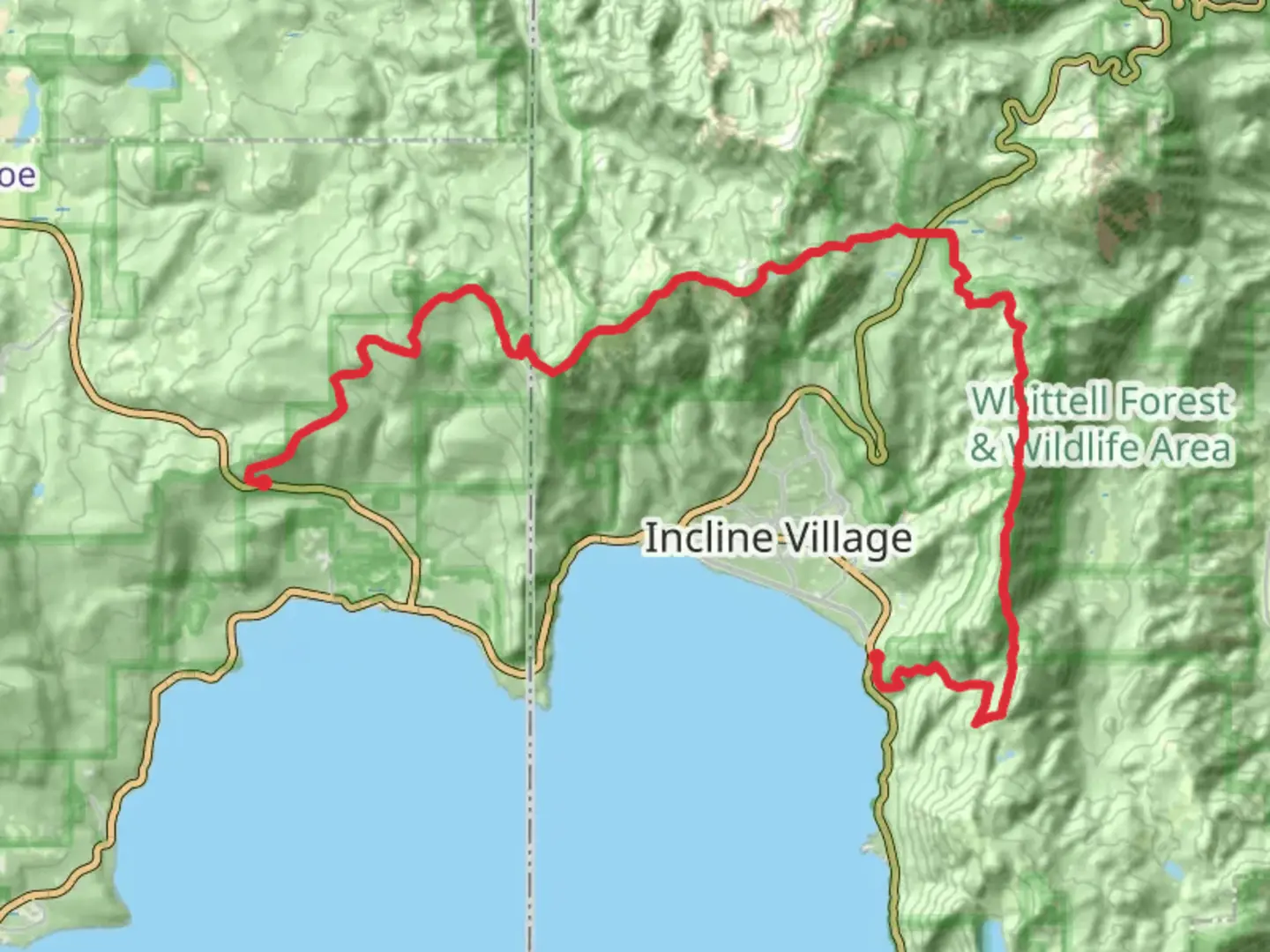 An image depicting the trail Tunnel Creek Road to Senator Paul J Lunardi Memorial Highway via Tahoe Rim Trail and its surrounding area.