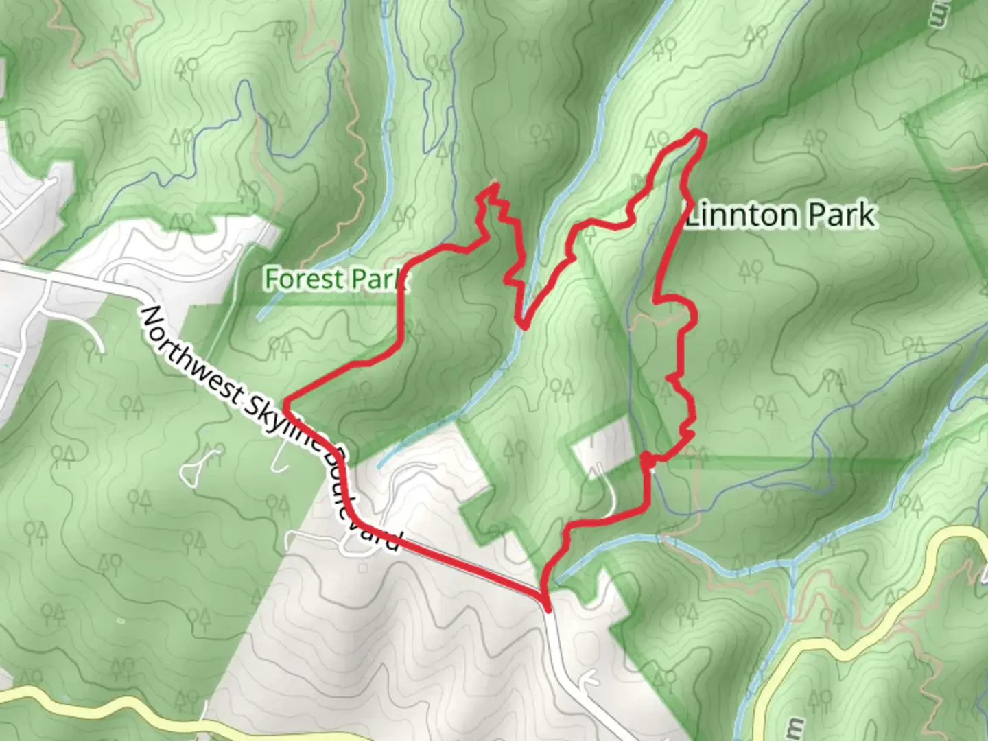 An image depicting the trail Wildwood Trail and Northwest Skyview Boulevard Loop and its surrounding area.