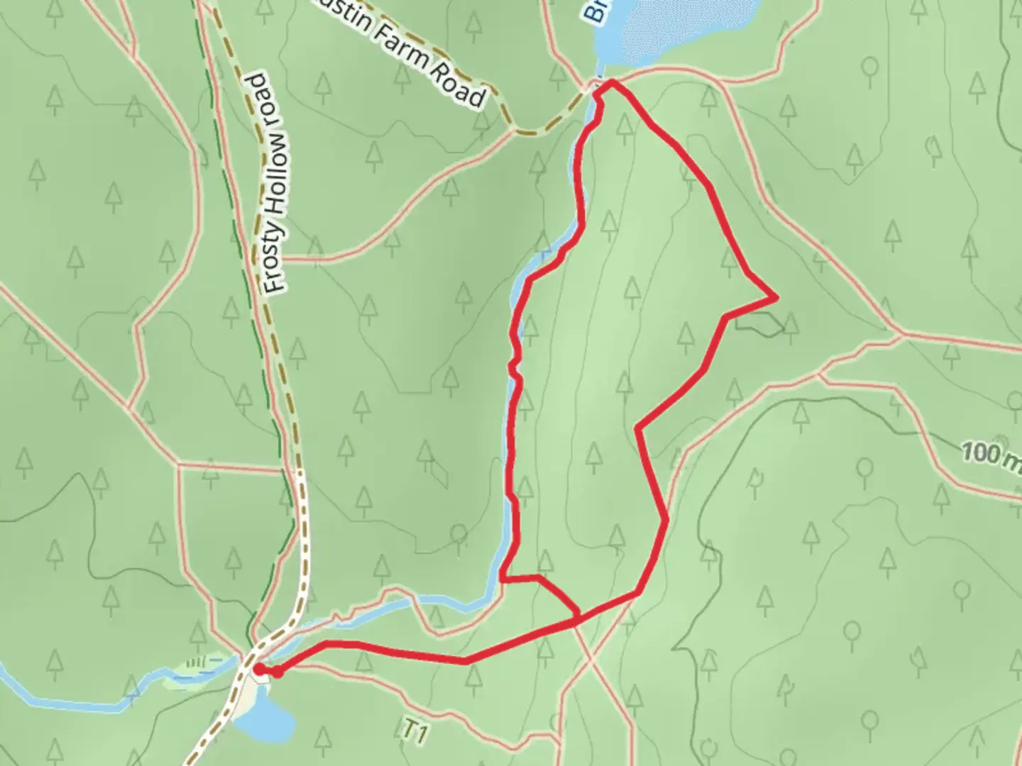 An image depicting the trail Breakheart Pond via Shelter Trail and River Loop Trail and its surrounding area.