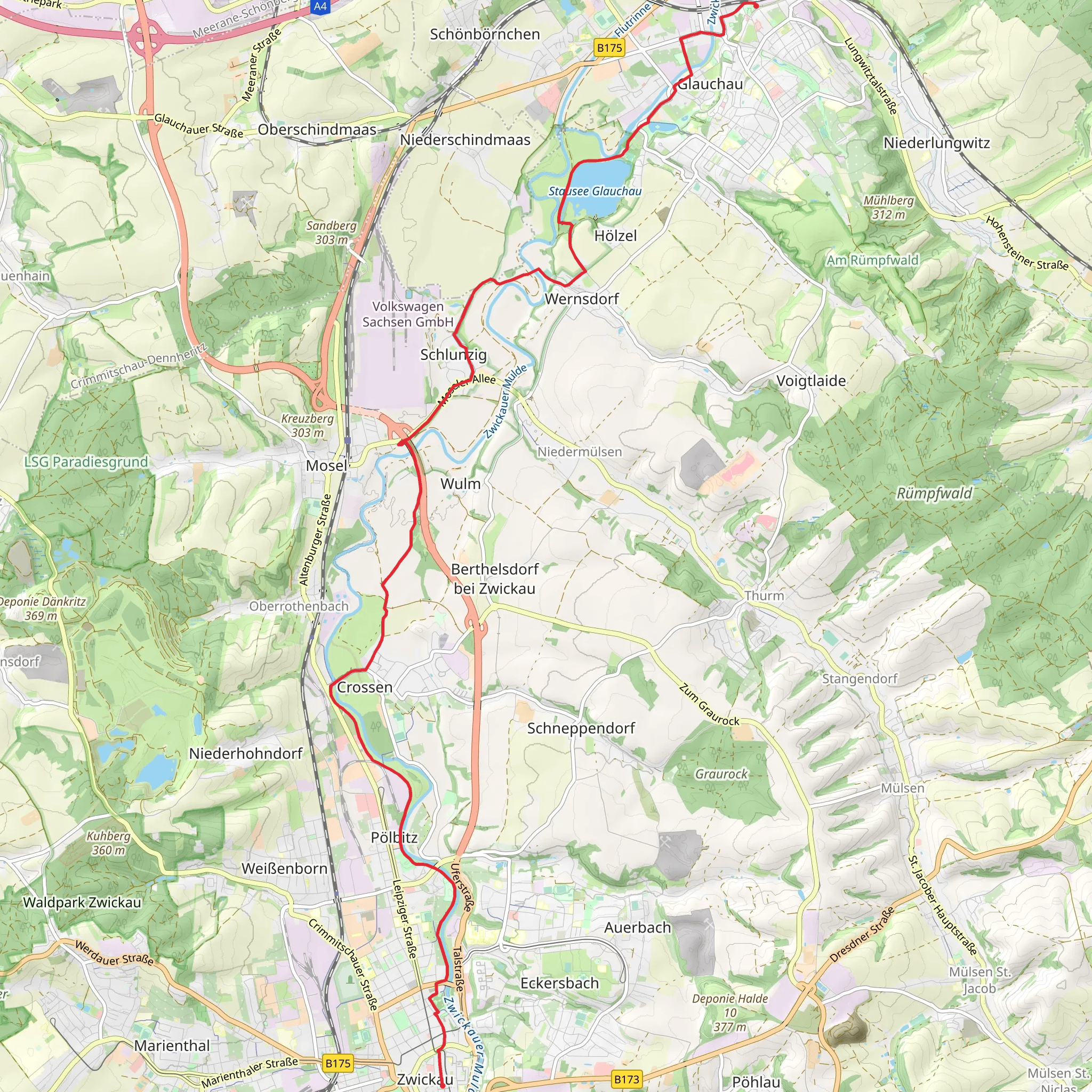 Zwickau to Glauchau Walk mobile static map