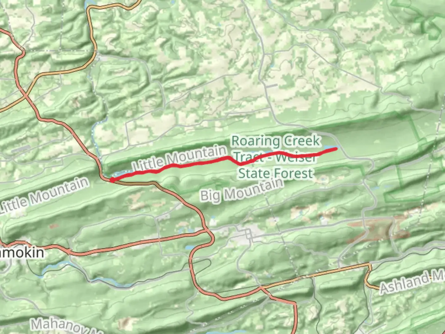 An image depicting the trail Roaring Creek Trail and its surrounding area.