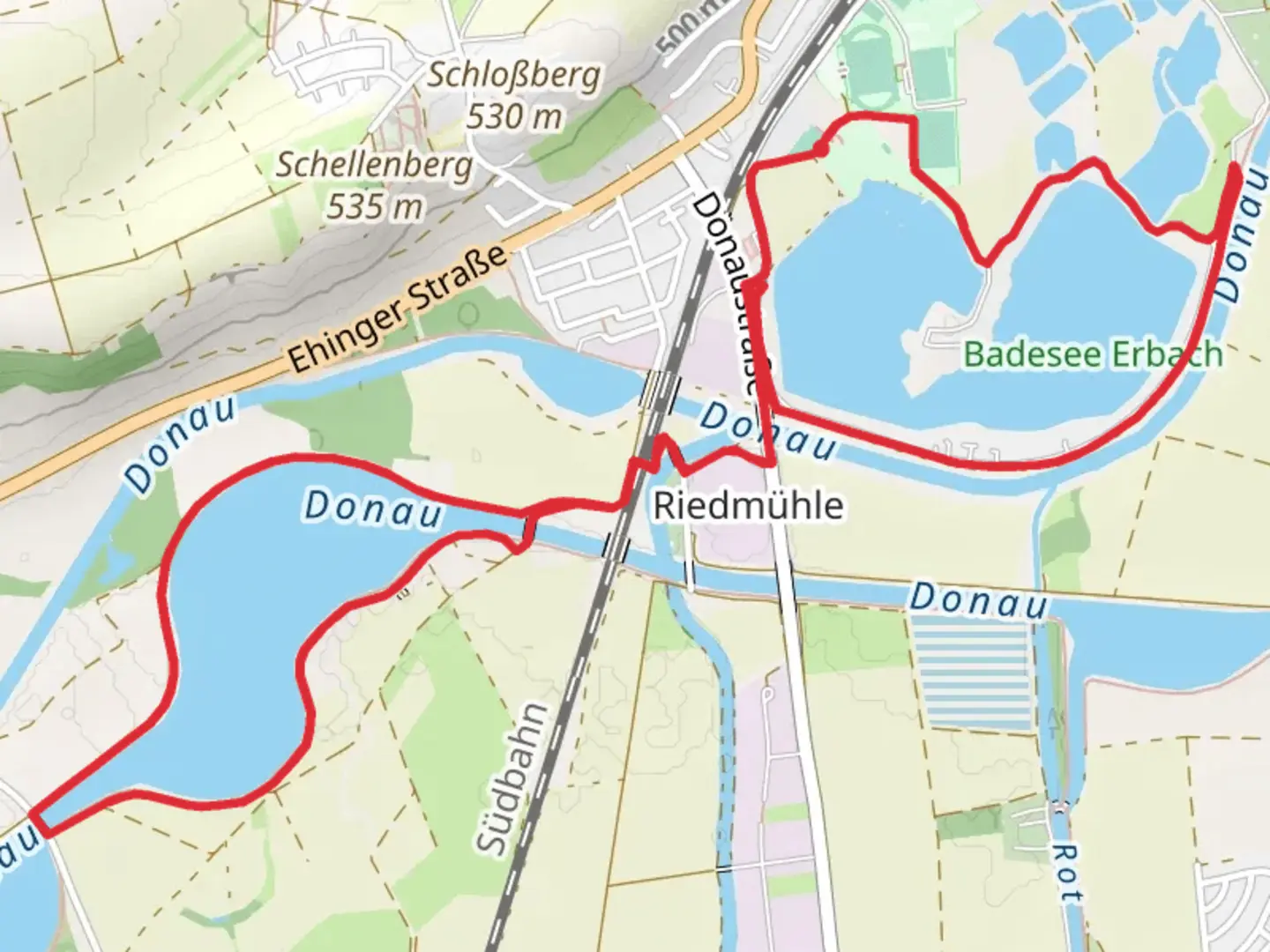 An image depicting the trail Badesee Erbach and Donau Loop and its surrounding area.