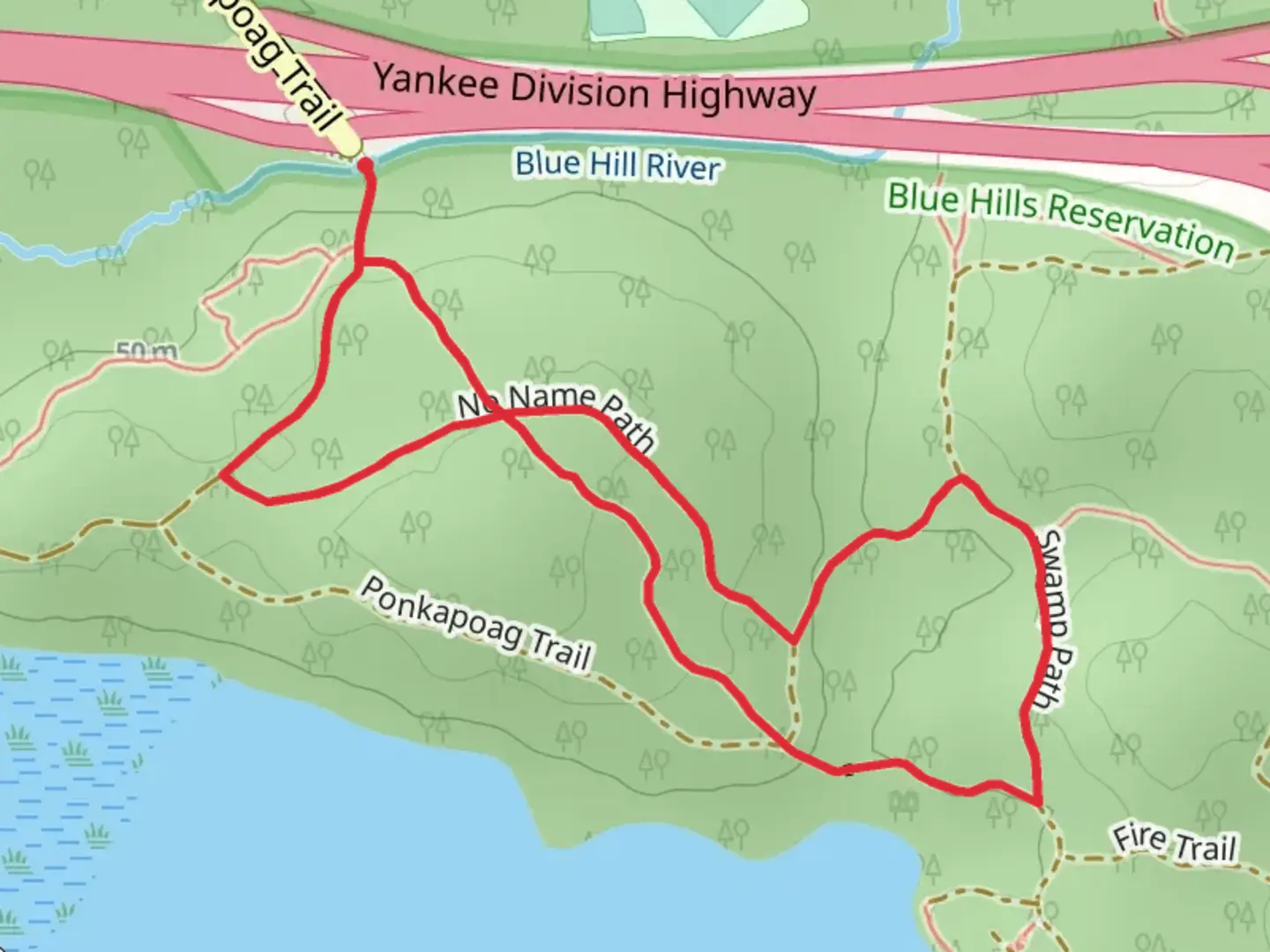 An image depicting the trail Ponkapoag North Loop and its surrounding area.