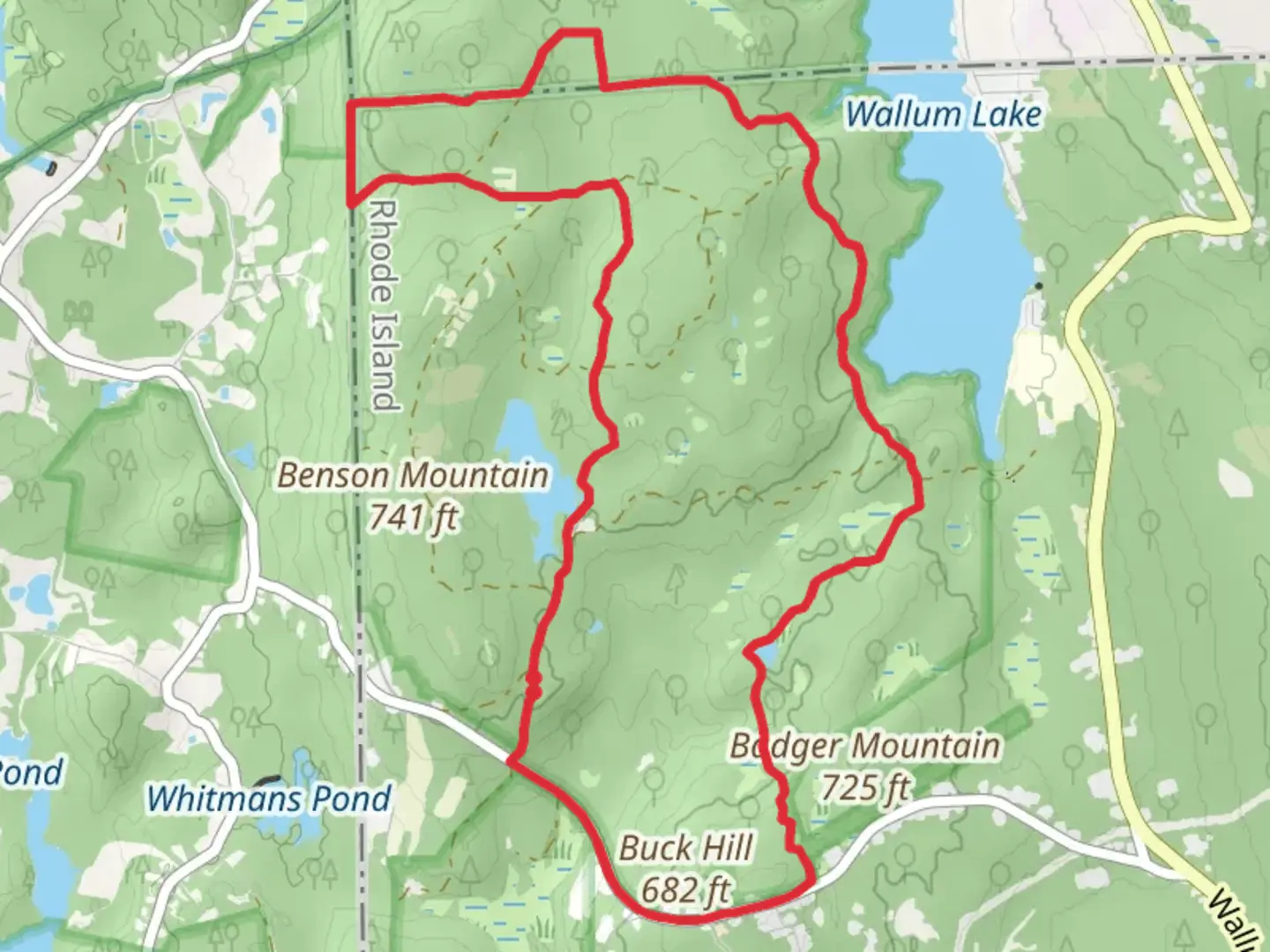 An image depicting the trail Buck Hill Yellow Dot and Midstate Loop Trail and its surrounding area.