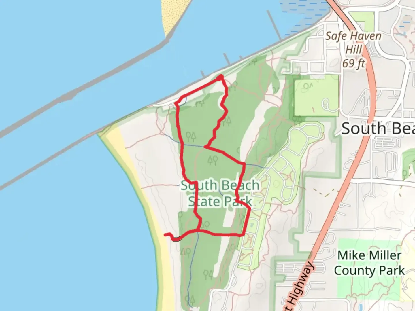 An image depicting the trail South Beach Jetty and Old South Jetty Loop Trail and its surrounding area.