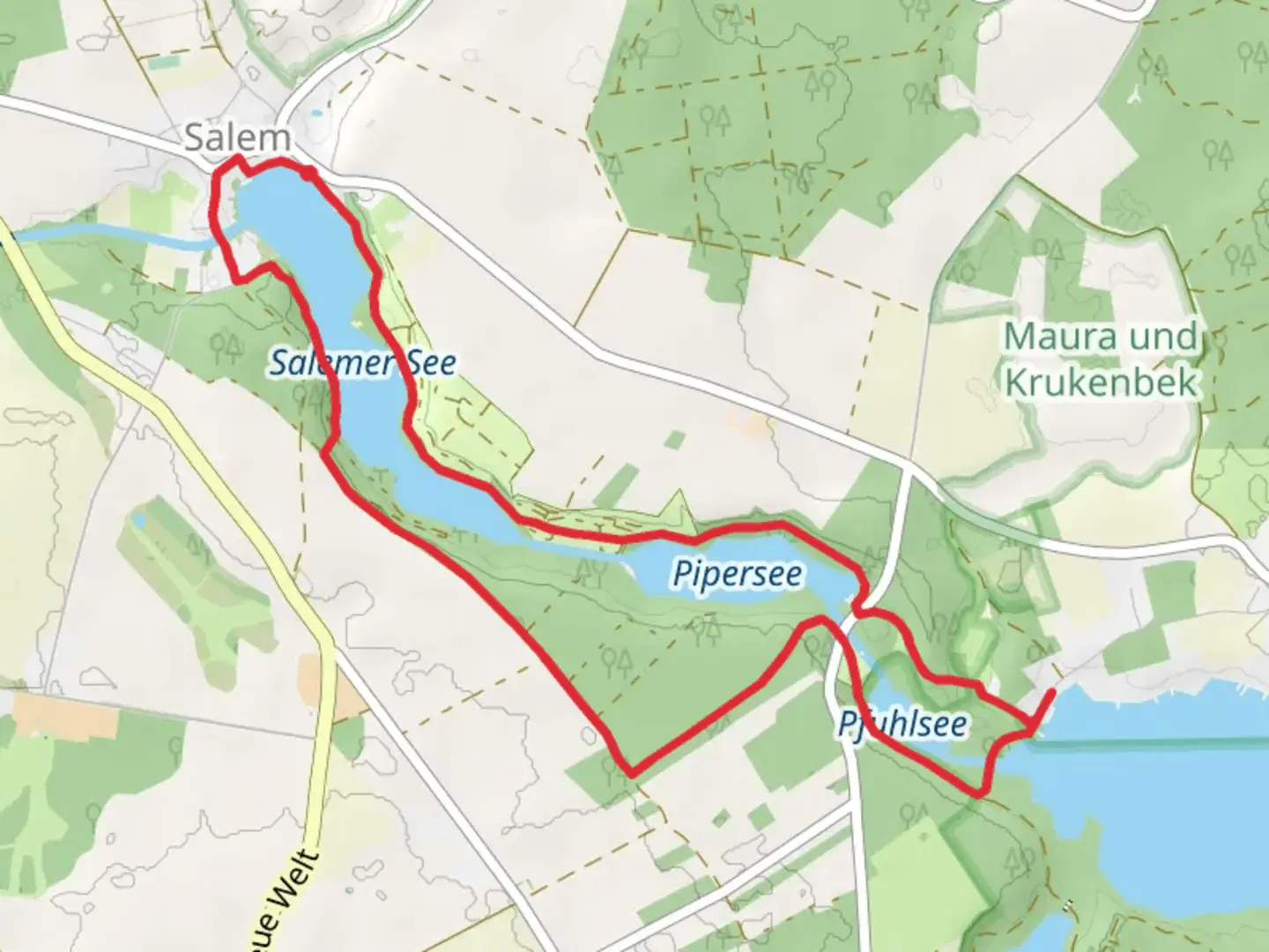 An image depicting the trail Salemer See, Pipersee and Pfuhlsee Loop and its surrounding area.