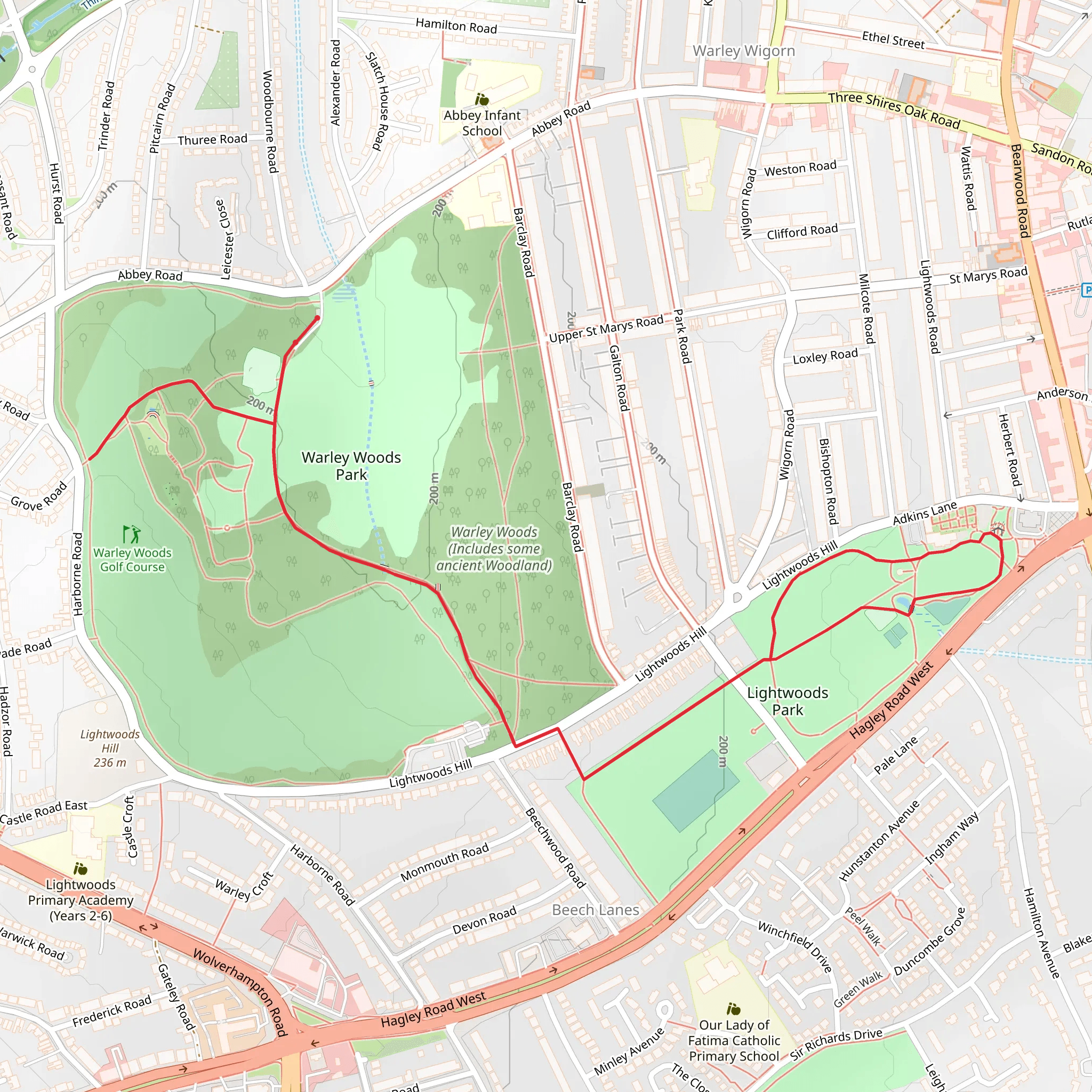 Warley Woods Park and Lightwoods Park Loop mobile static map