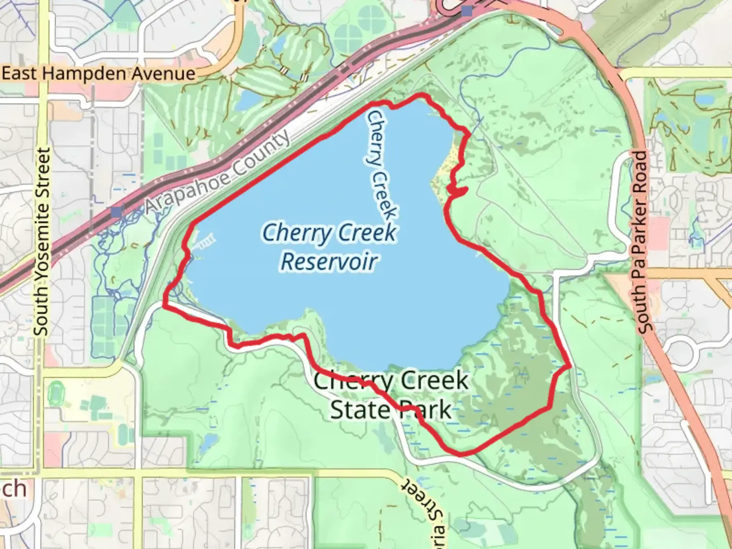 An image depicting the trail Cherry Creek Reservoir Loop and its surrounding area.
