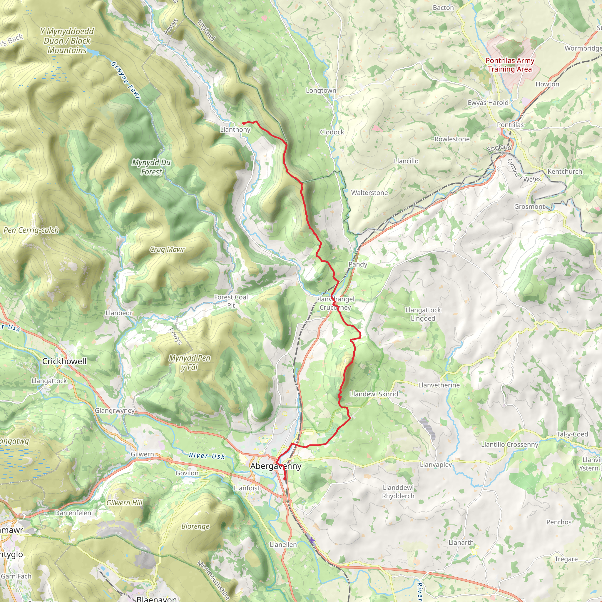 Abergavenny to Llanthony Priory mobile static map
