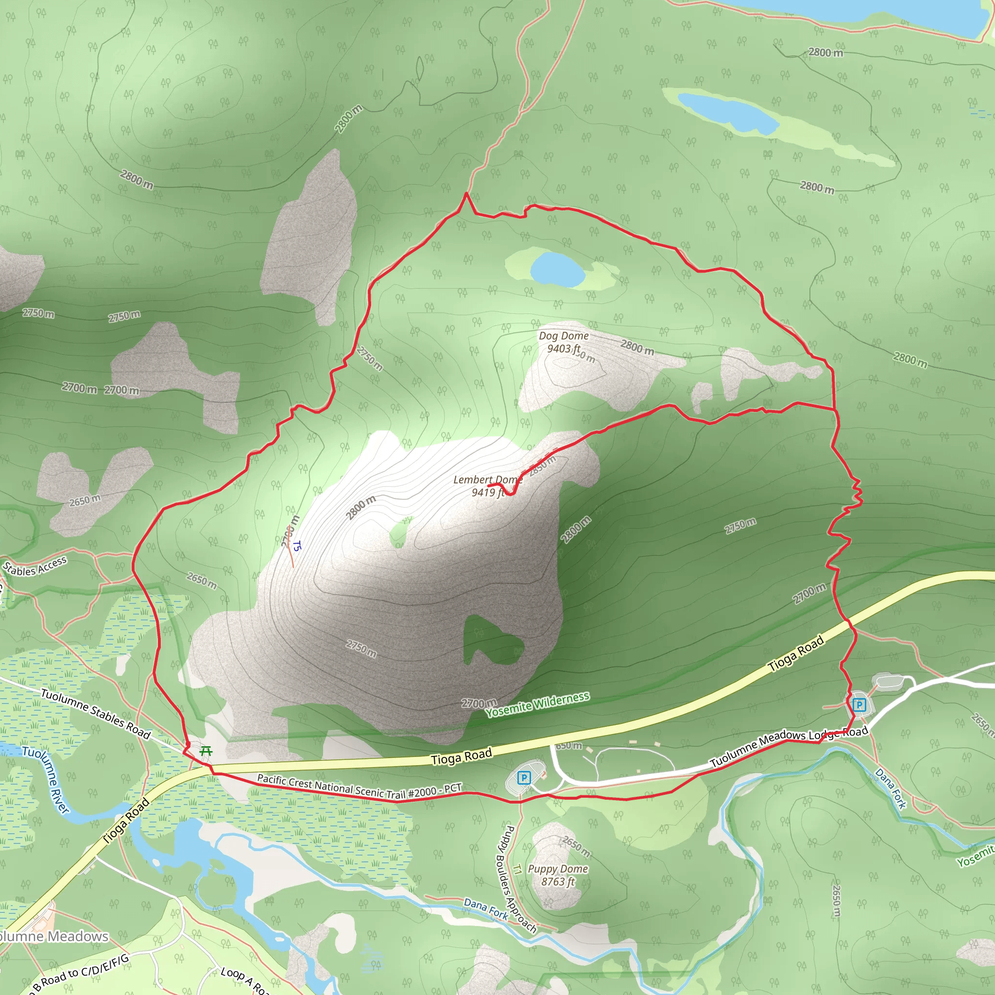 Lembert Dome and Dog Lake Loop Trail mobile static map