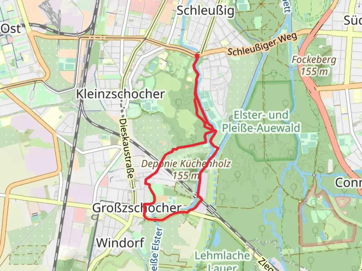 An image depicting the trail Weiße Elster via Am Teilungswehr and its surrounding area.
