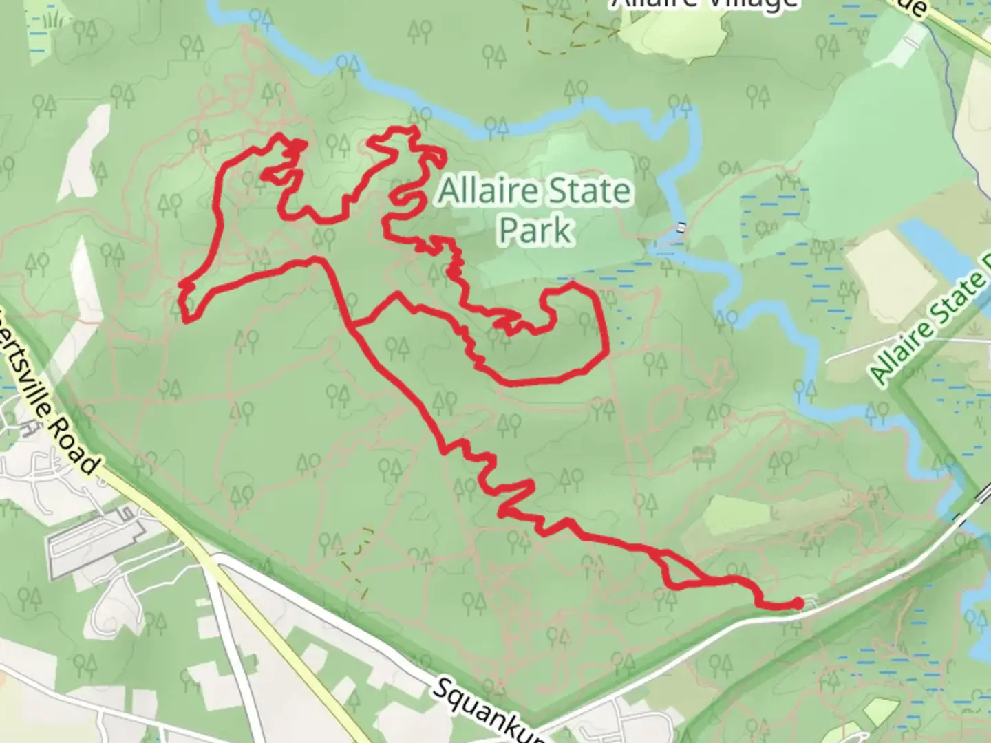 An image depicting the trail Allaire State Park Loop and its surrounding area.