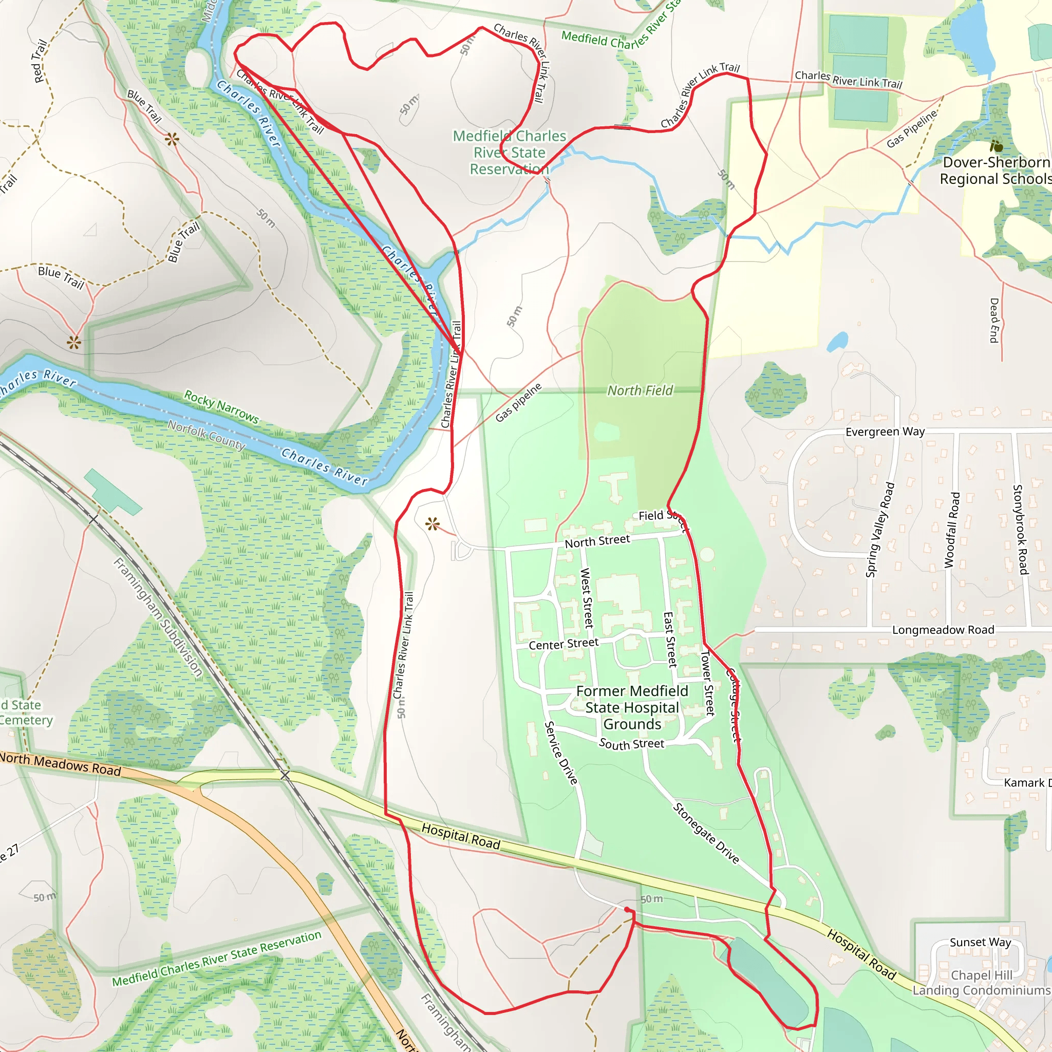 Former Medfield State Hospital Grounds Loop Trail mobile static map