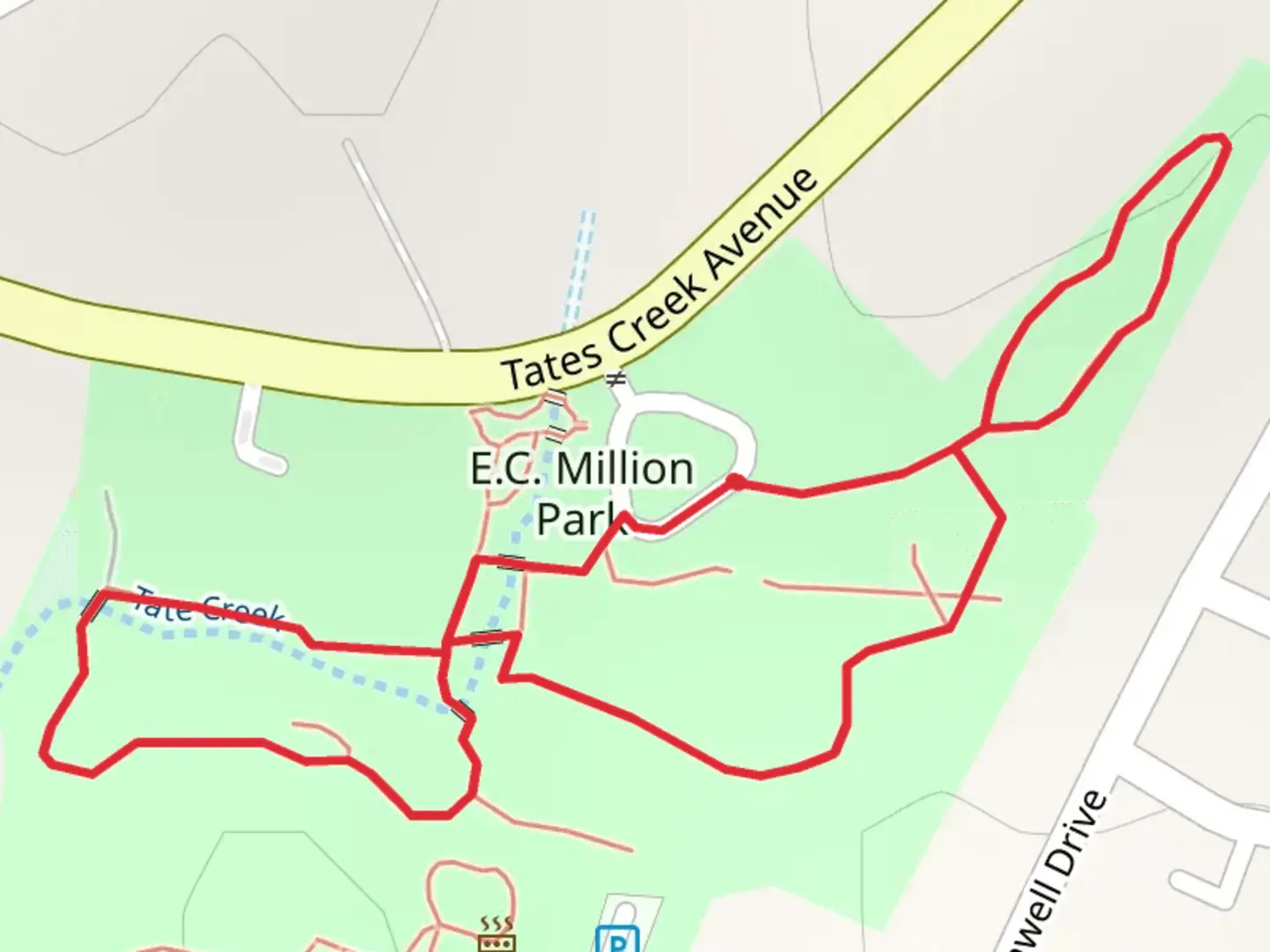 An image depicting the trail E C Million Park and Tate Creek Loop and its surrounding area.