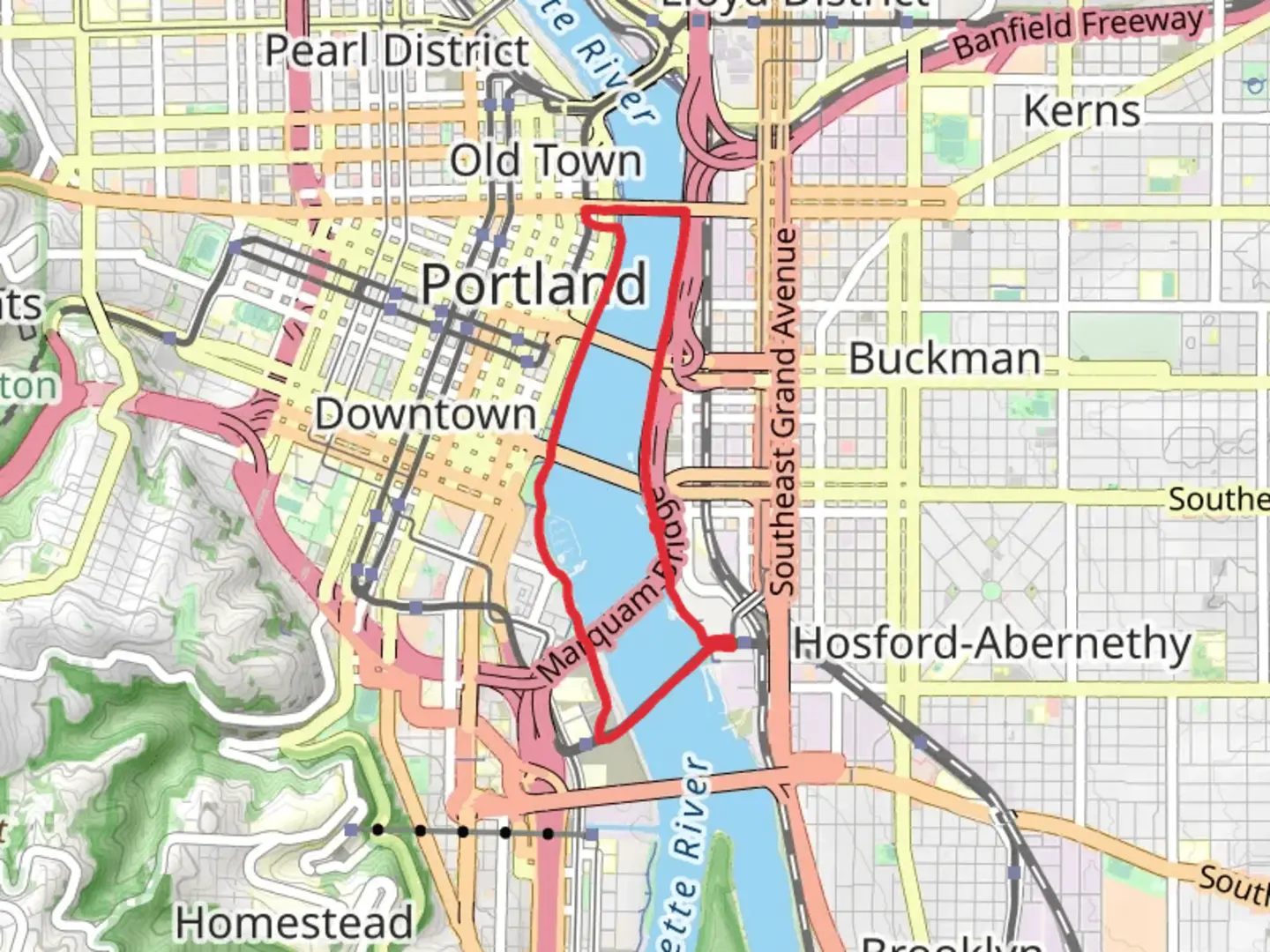 An image depicting the trail Willamette Greenway and Tilikum Crossing Loop Trail and its surrounding area.