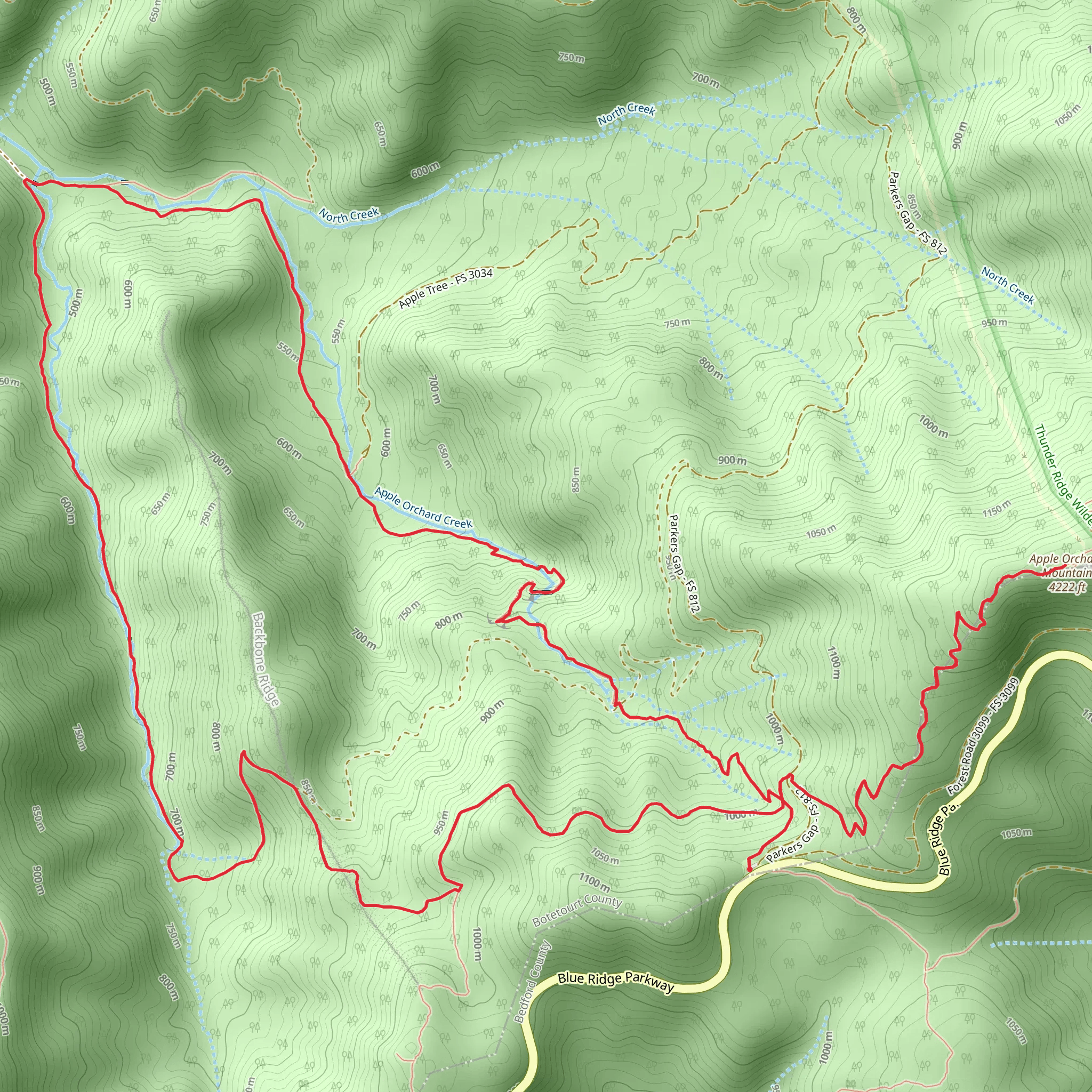 Apple Orchard Mountain, Appalachian and Cornelius Creek Loop Trail mobile static map
