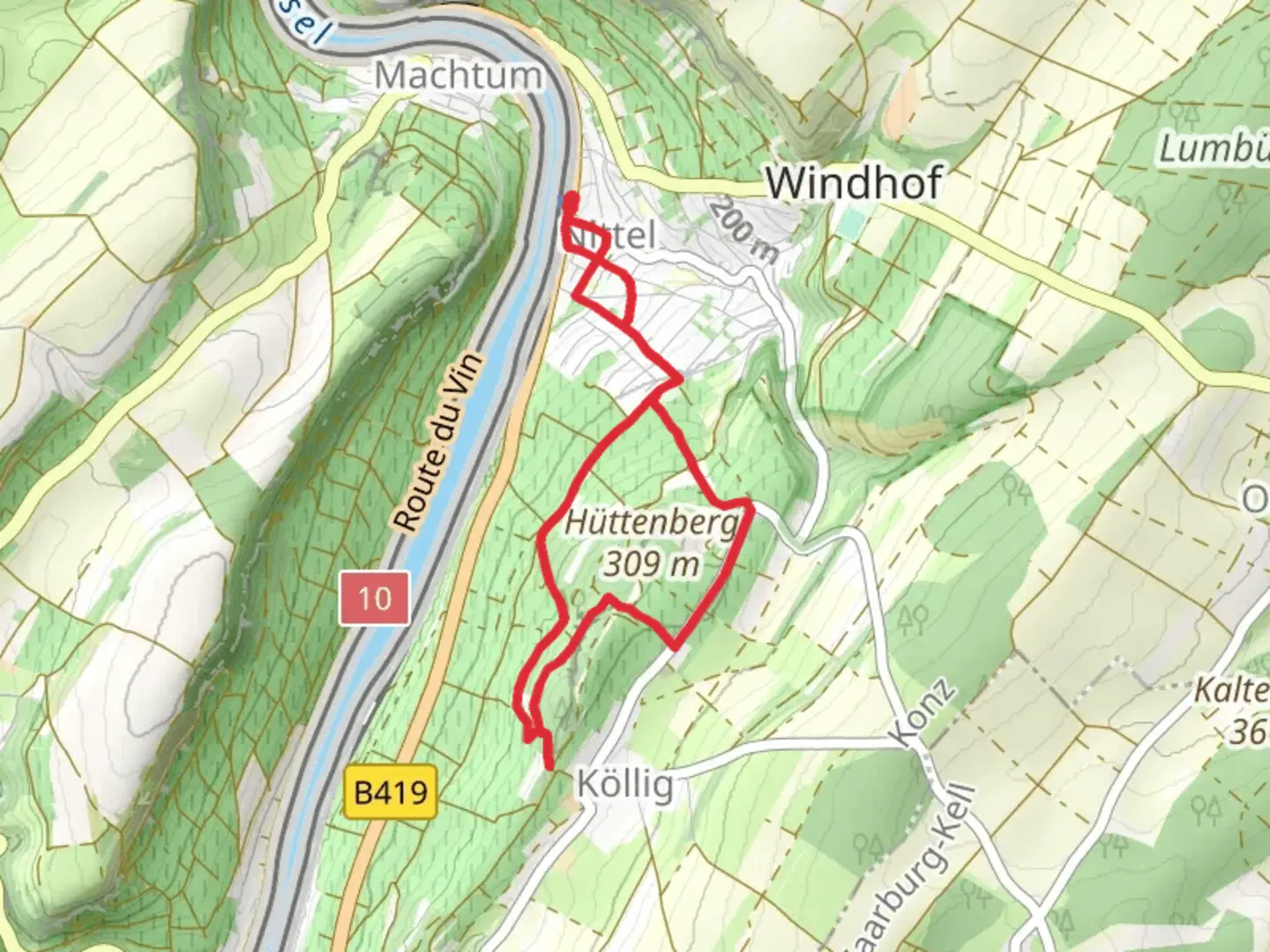 An image depicting the trail Hüttenberg Loop and its surrounding area.