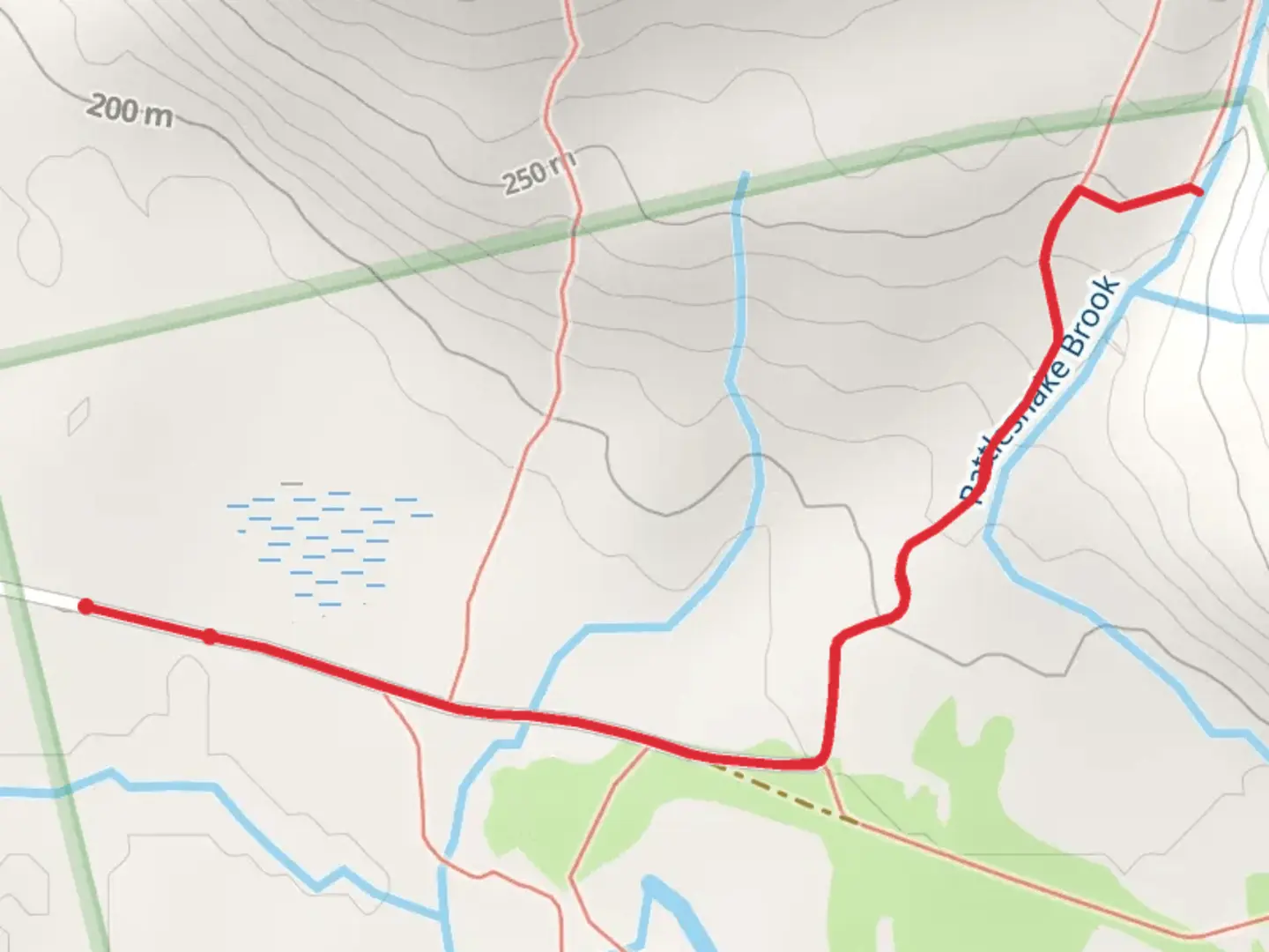 An image depicting the trail Rattlesnake Brook fom Shell Pond Road and its surrounding area.