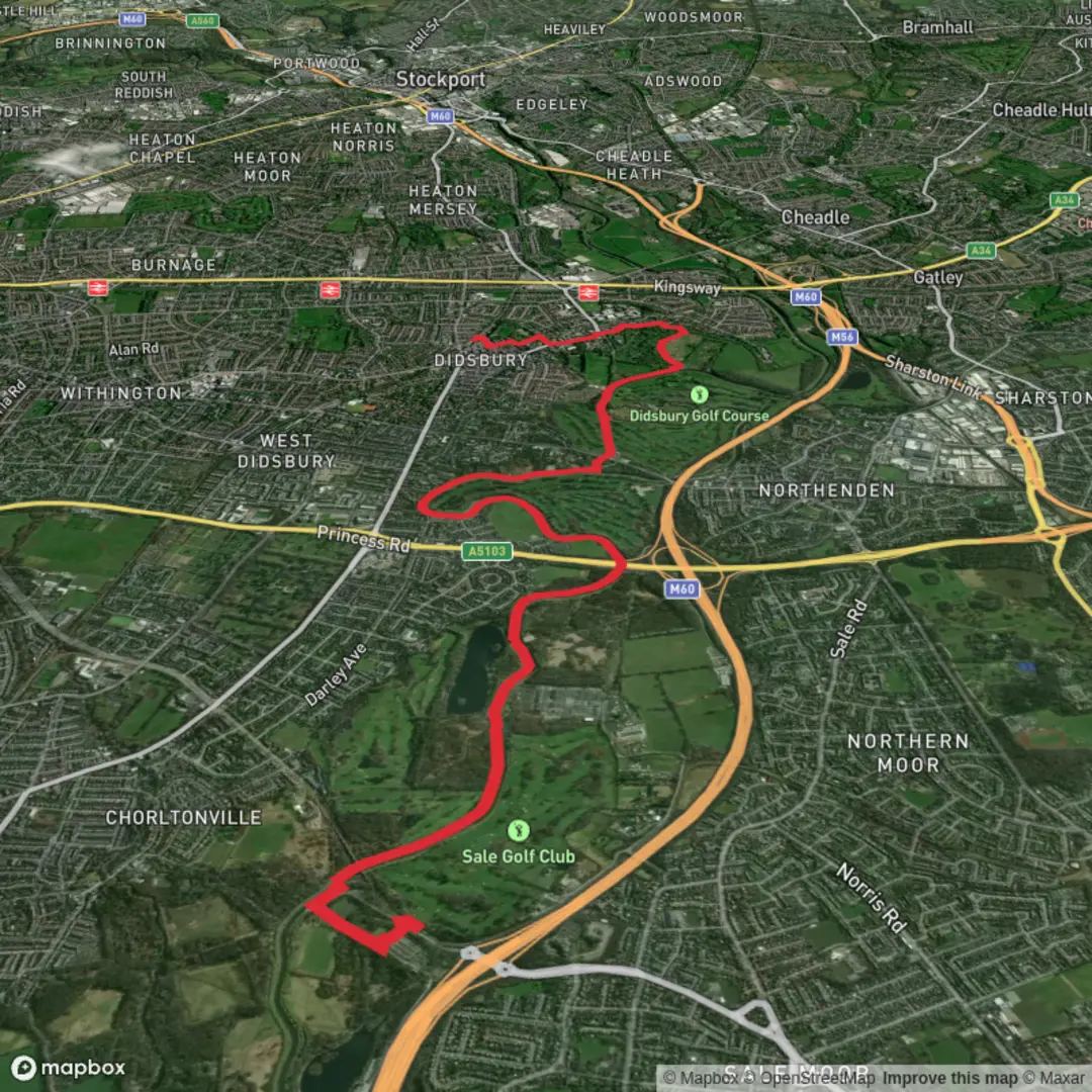 An image depicting the trail GM Ringway - Sale Water Park to Didsbury and its surrounding area.