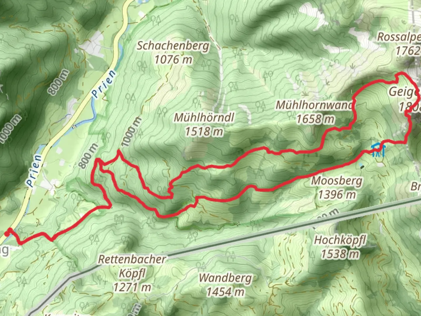 An image depicting the trail Geigelstein Loop from Berg and its surrounding area.