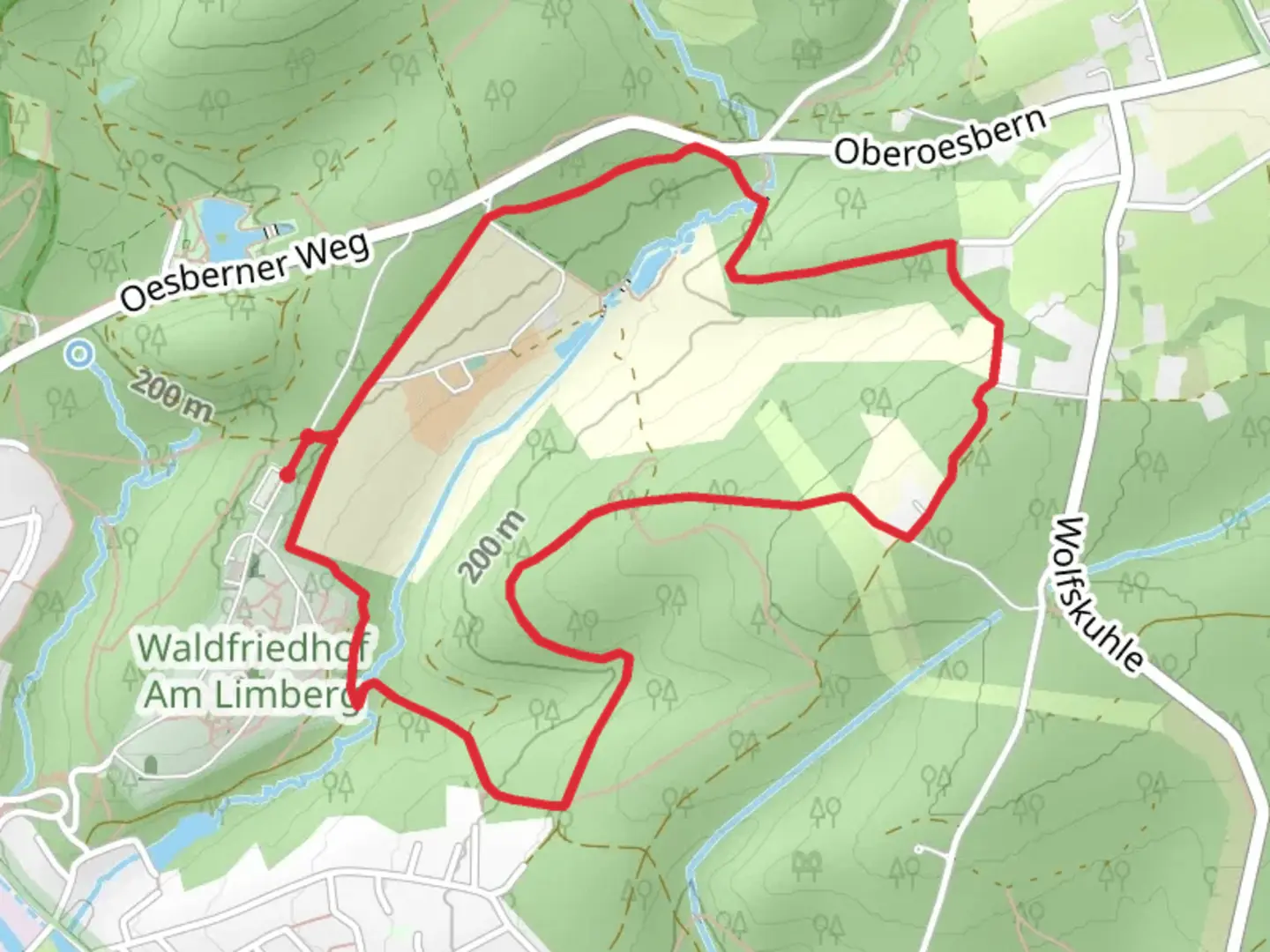 An image depicting the trail Berkenhofskamp and Rauherfeld Loop via Rund um Oesbern and its surrounding area.
