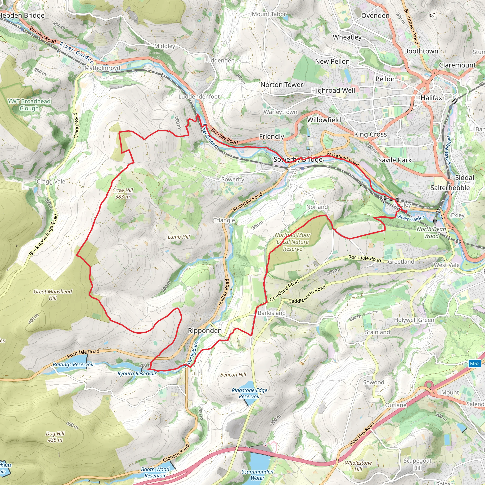 Norland Moor Local Nature Reserve, Little Crow Hill and Aaron Hill Loop via Calderdale Way mobile static map