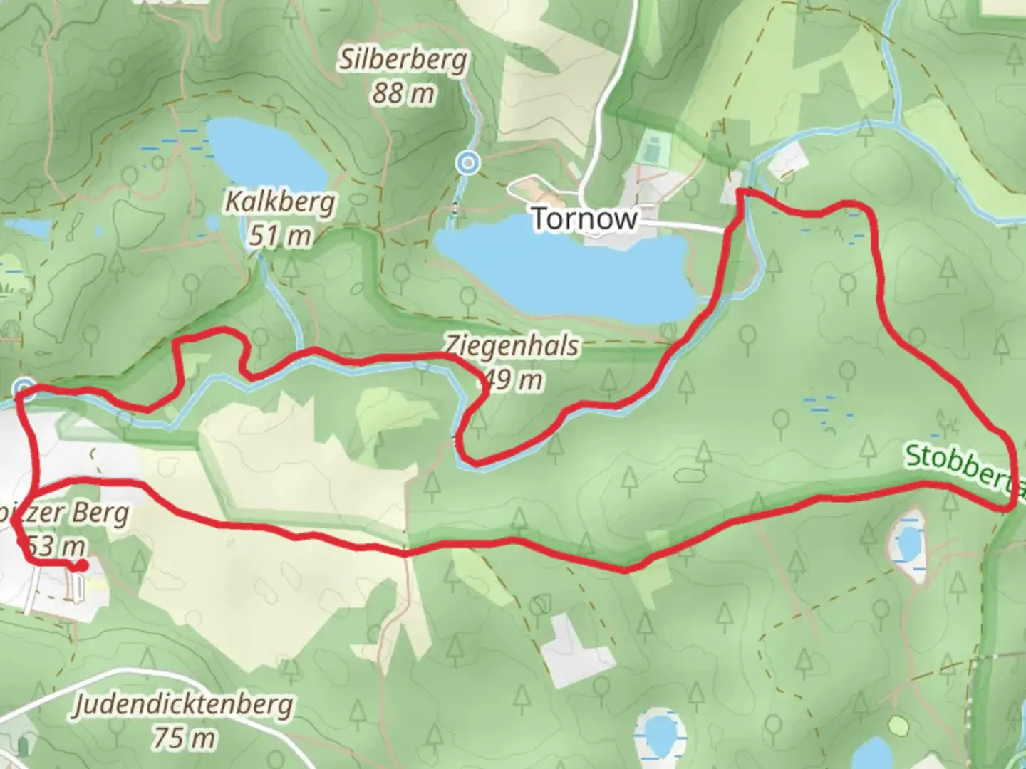 An image depicting the trail Grenzeiche and Tornowsee Loop and its surrounding area.