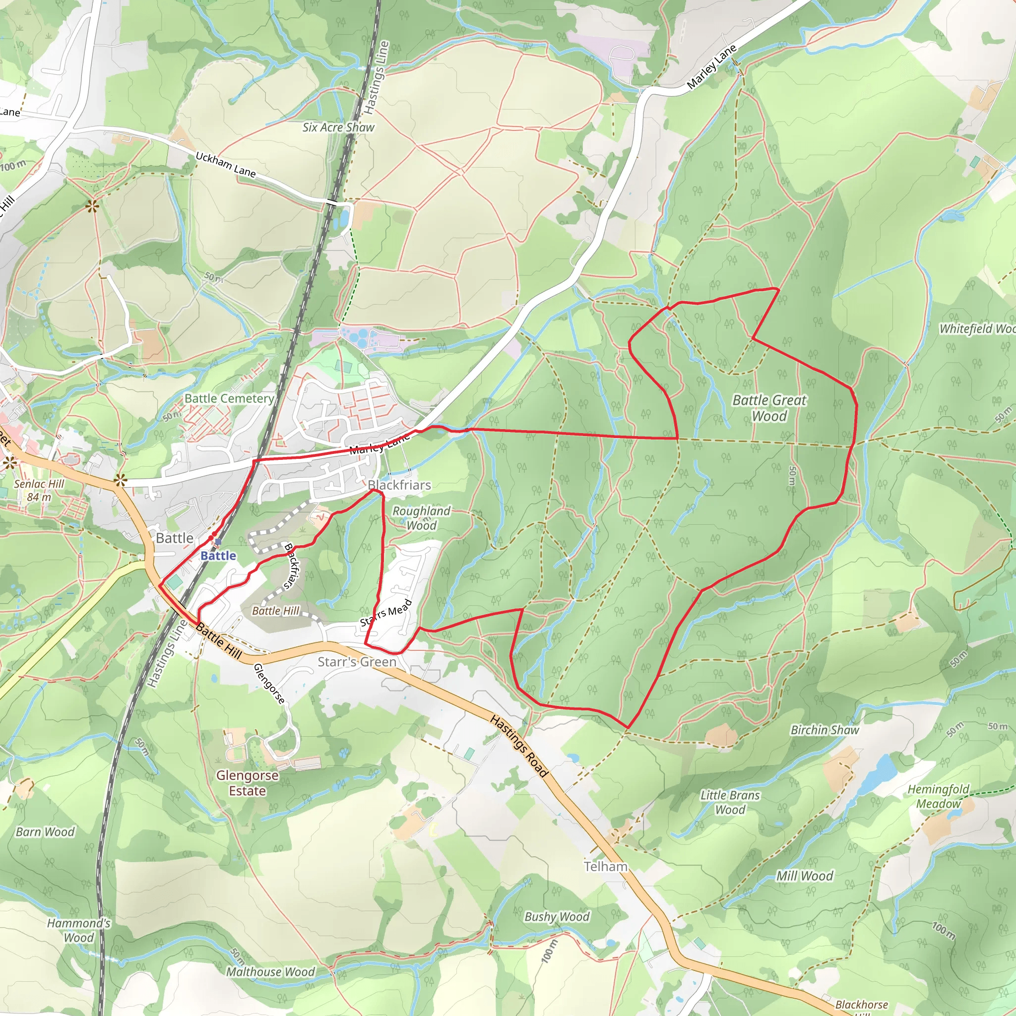 Battle Hill and Great Wood via 1066 Country Walk mobile static map