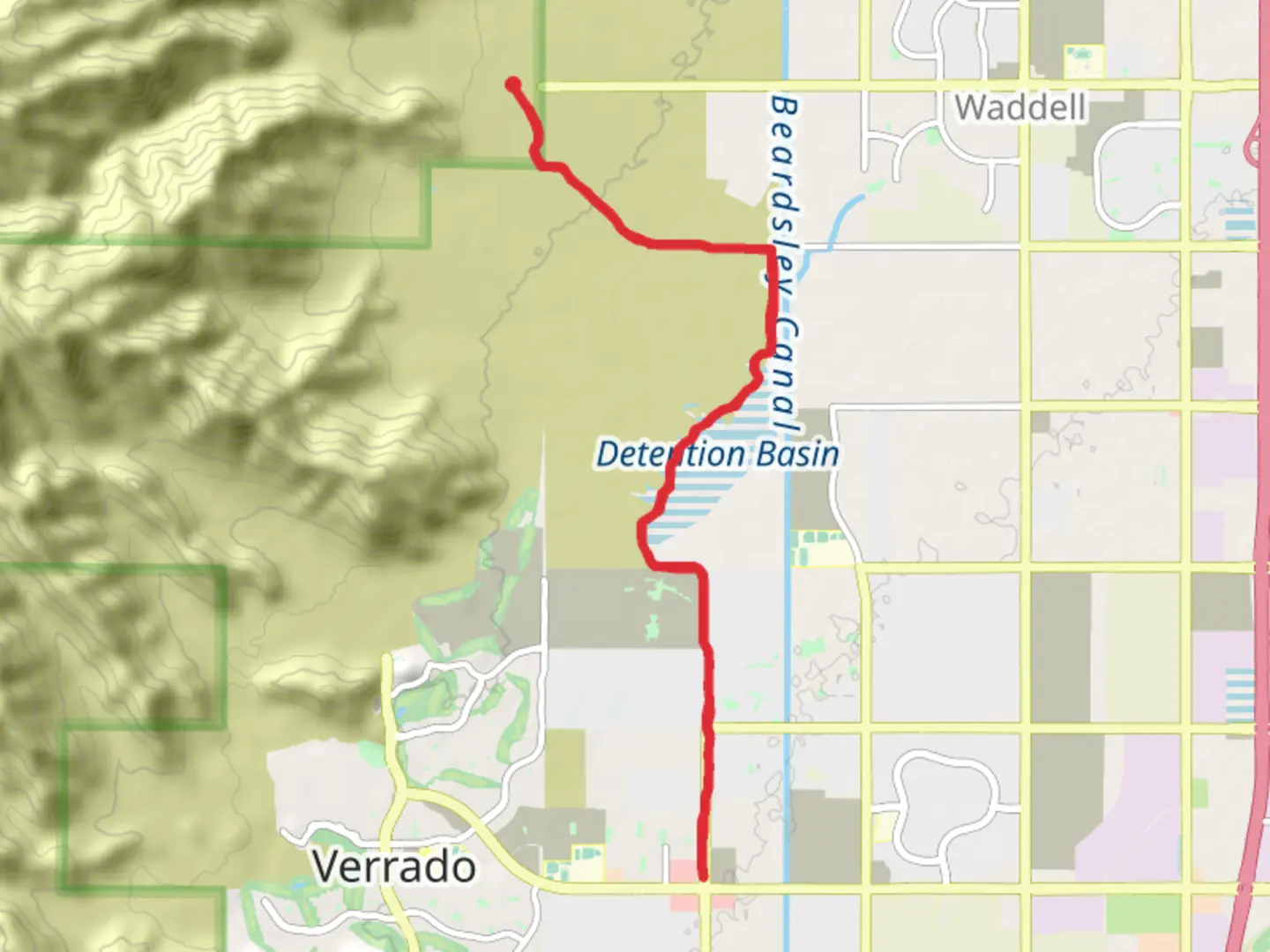 An image depicting the trail Mule Deer, Detention Basin and Maricopa Trail and its surrounding area.
