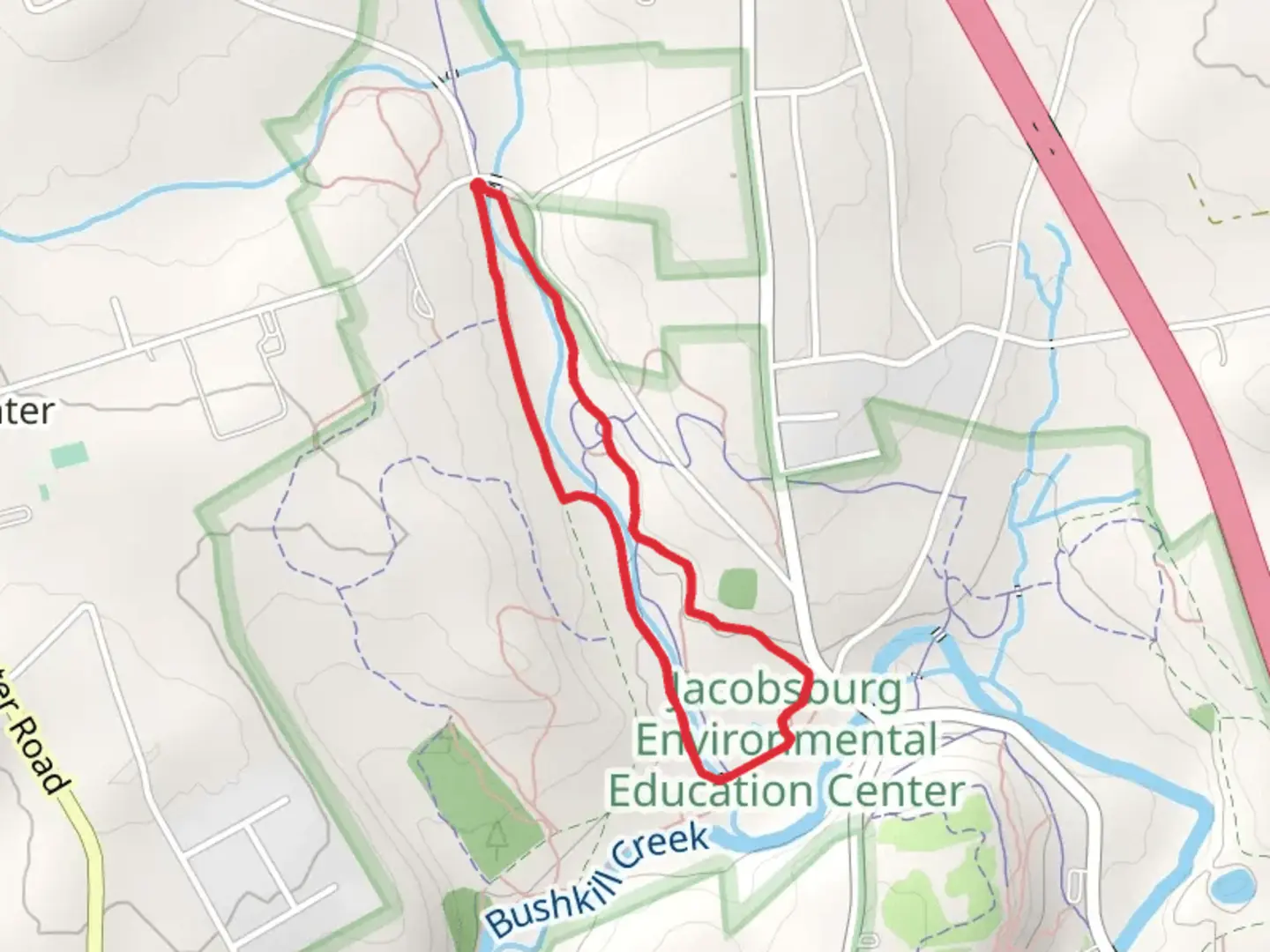 An image depicting the trail Sober's Run Loop from Belfast Road and its surrounding area.