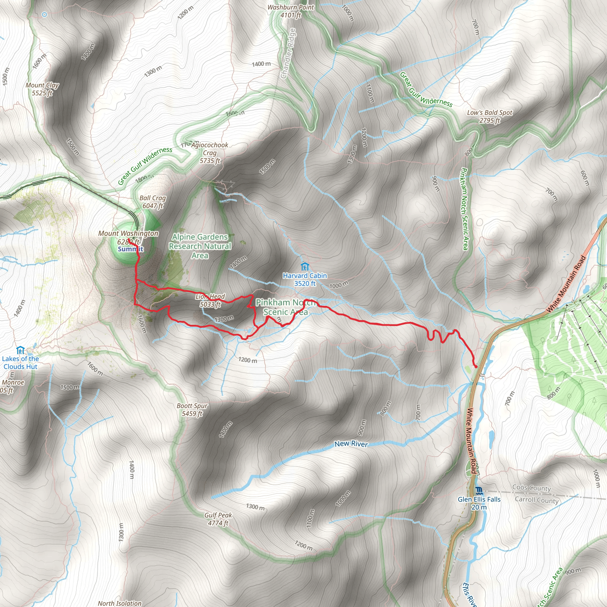 Tuckerman Ravine Trail and Mount Washington Loop Trail via Pinkham Notch mobile static map