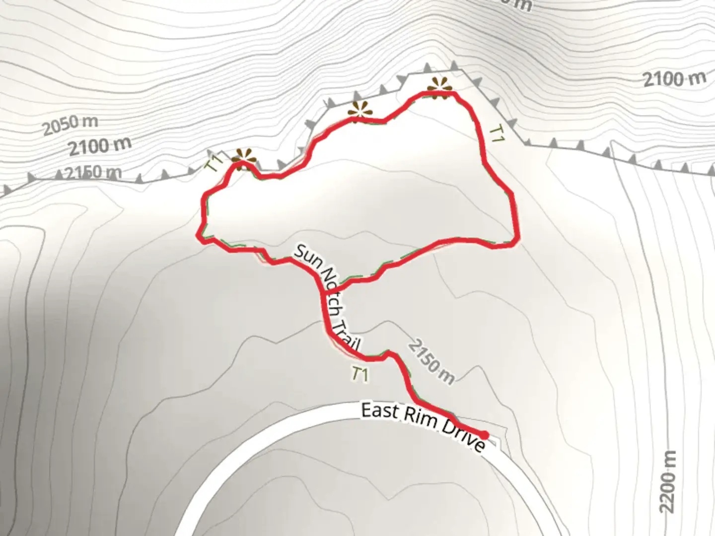 An image depicting the trail Sun Notch Phantom Ship View Point Trail and its surrounding area.