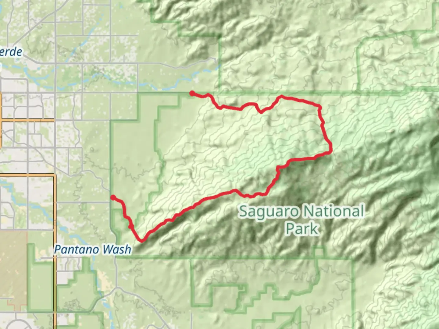 An image depicting the trail Tanque Verde Peak via Douglas Spring Trail and Tanque Verde Ridge Trail and its surrounding area.