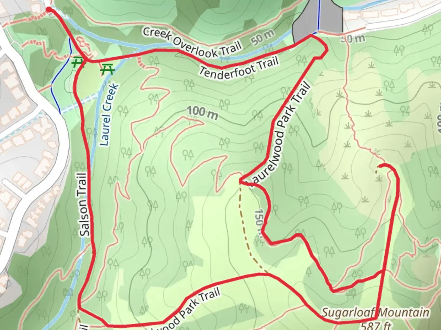 An image depicting the trail Tenderfoot Trail and Laurelwood Park Trail Loop and its surrounding area.
