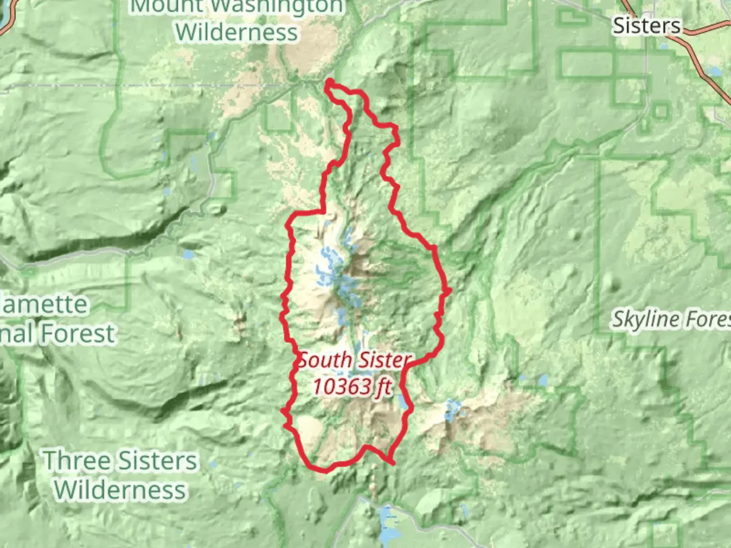 An image depicting the trail Millican Crater Trail, Green Lakes Trail and Three Sisters Trail Loop and its surrounding area.
