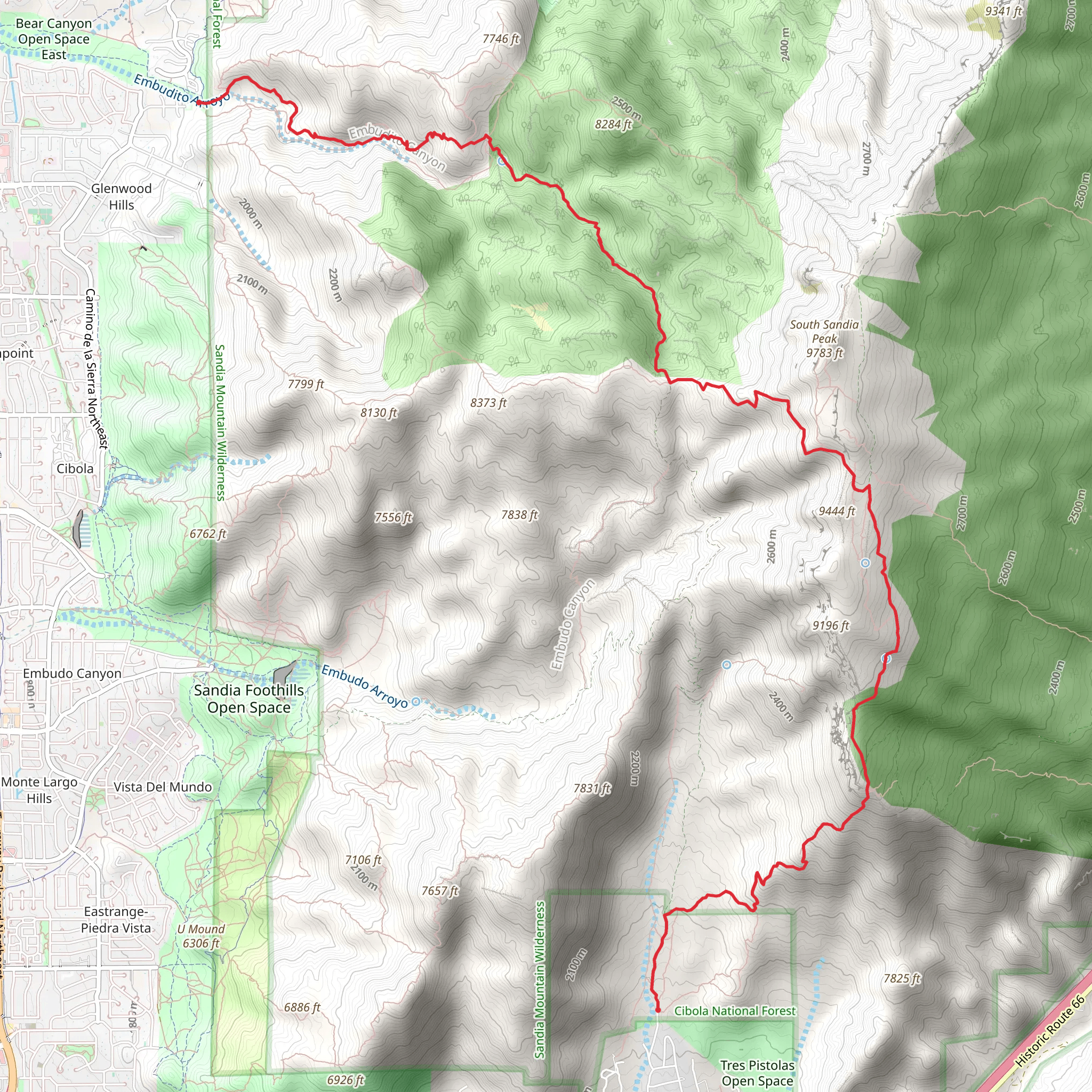 South Crest Trail and Embudito Trail mobile static map