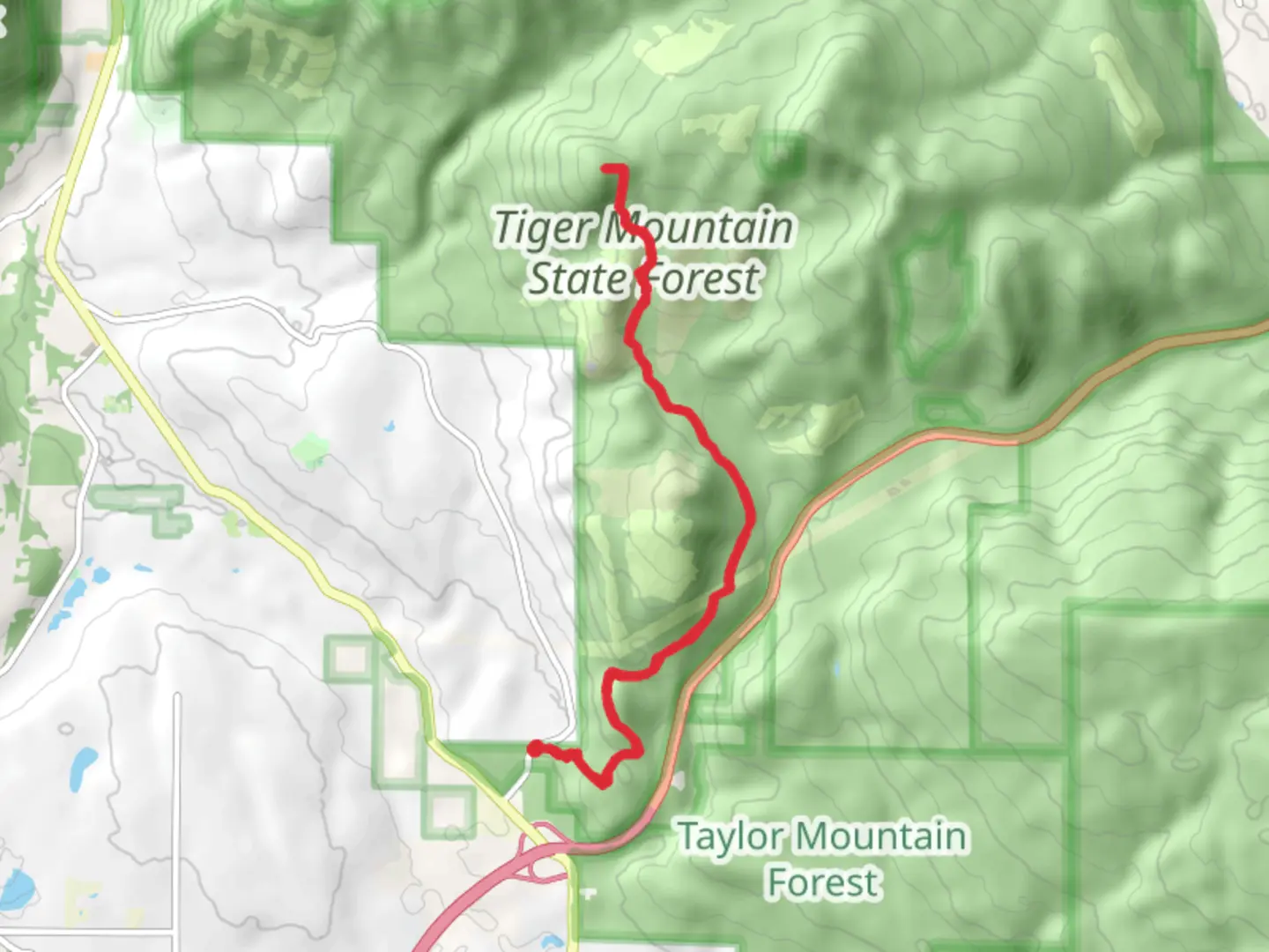 An image depicting the trail Tiger Middle Summit via Tiger Mountain Trail and its surrounding area.