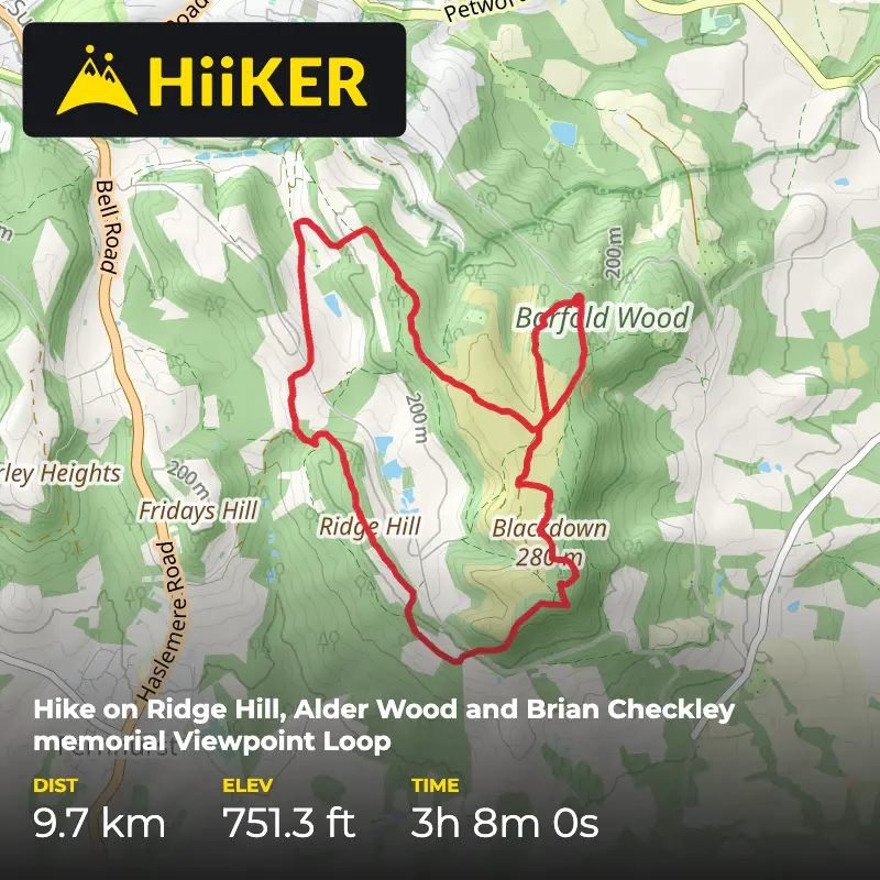A map preview of the recording Hike on Ridge Hill, Alder Wood and Brian Checkley memorial Viewpoint Loop.