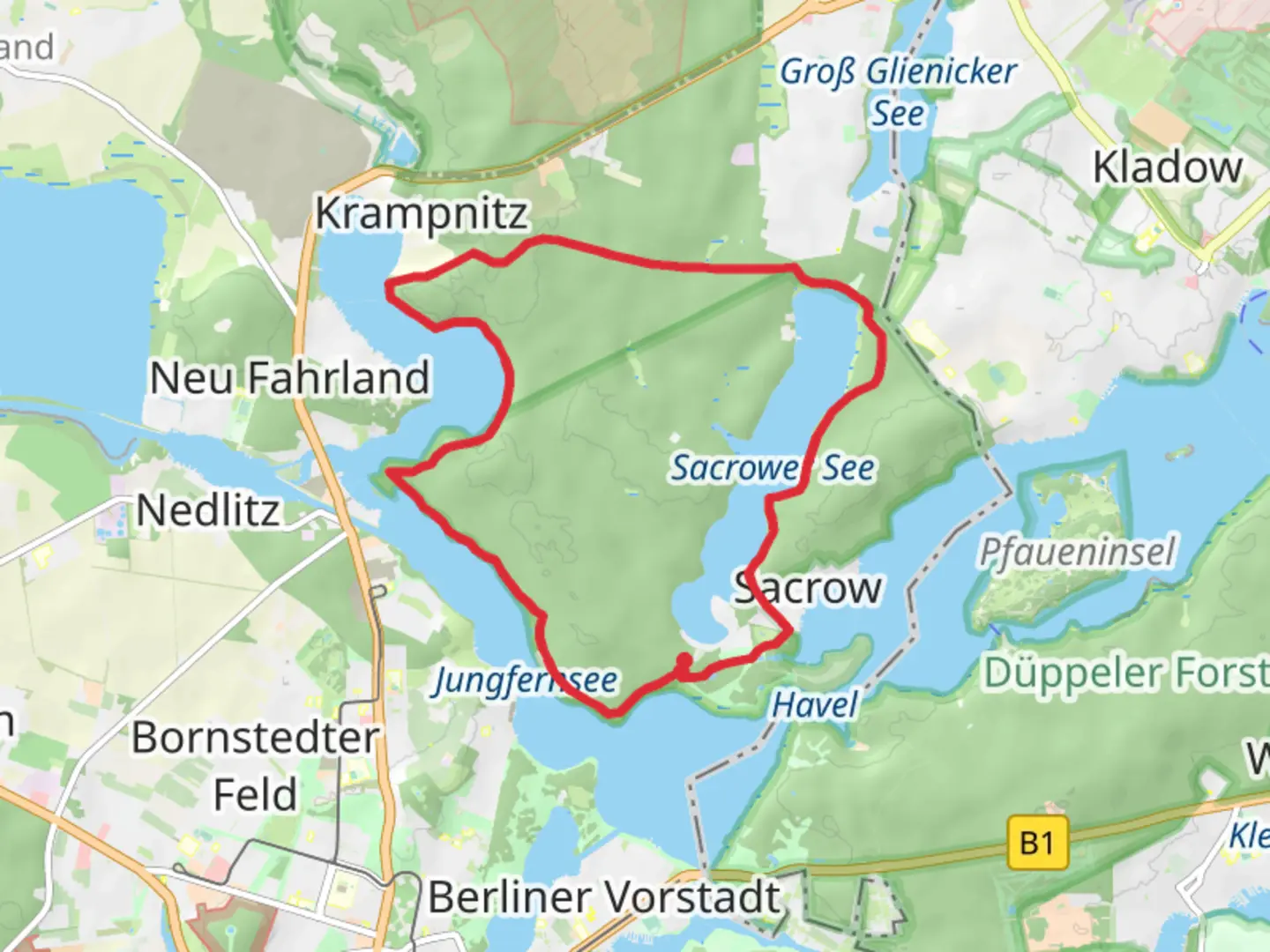 An image depicting the trail Römerschanze, Rehberg and Sacrower See Loop via Krampnitz Sacrow and its surrounding area.