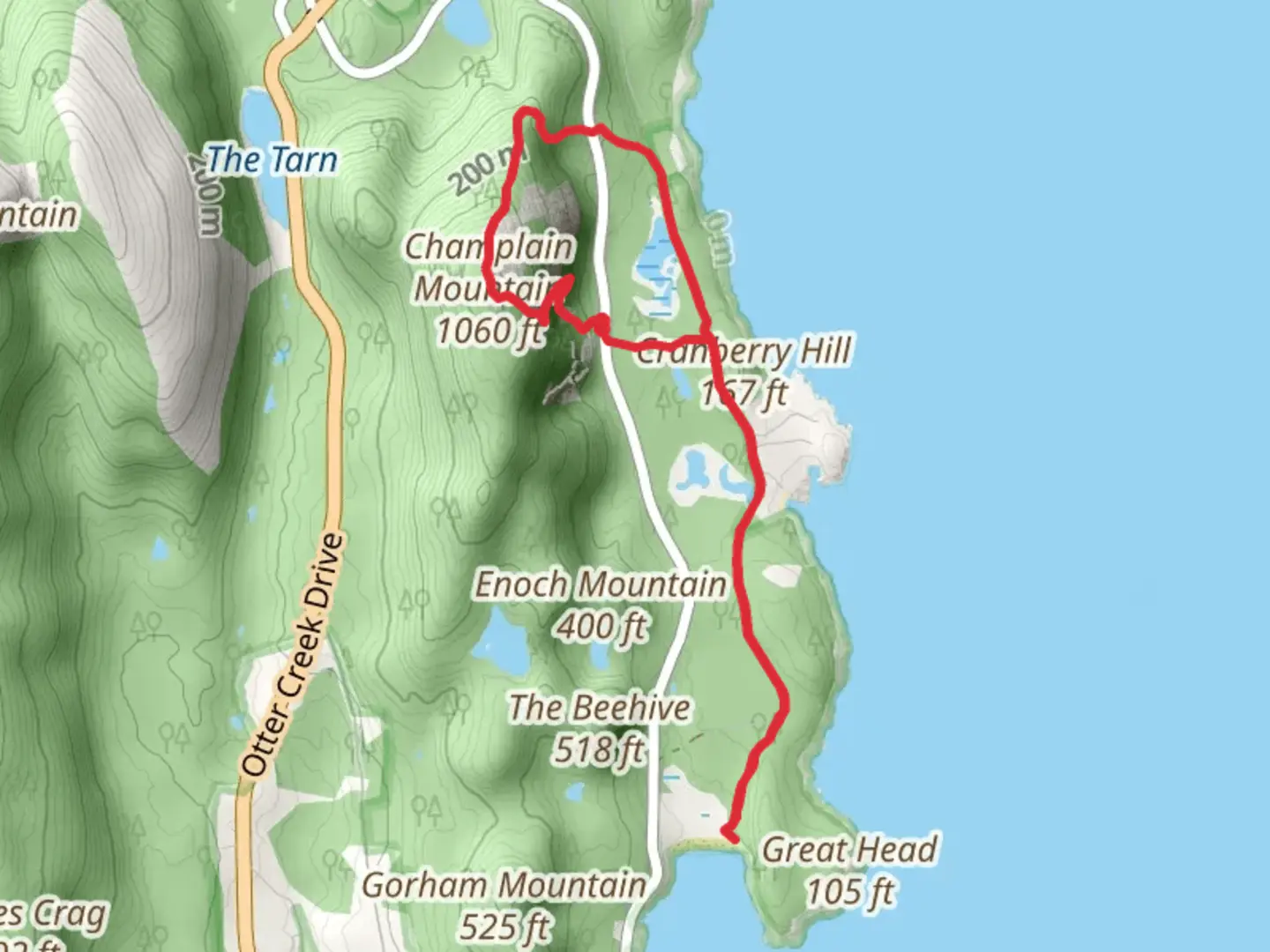An image depicting the trail Champlain Mountain and Cranberry Hill Loop and its surrounding area.