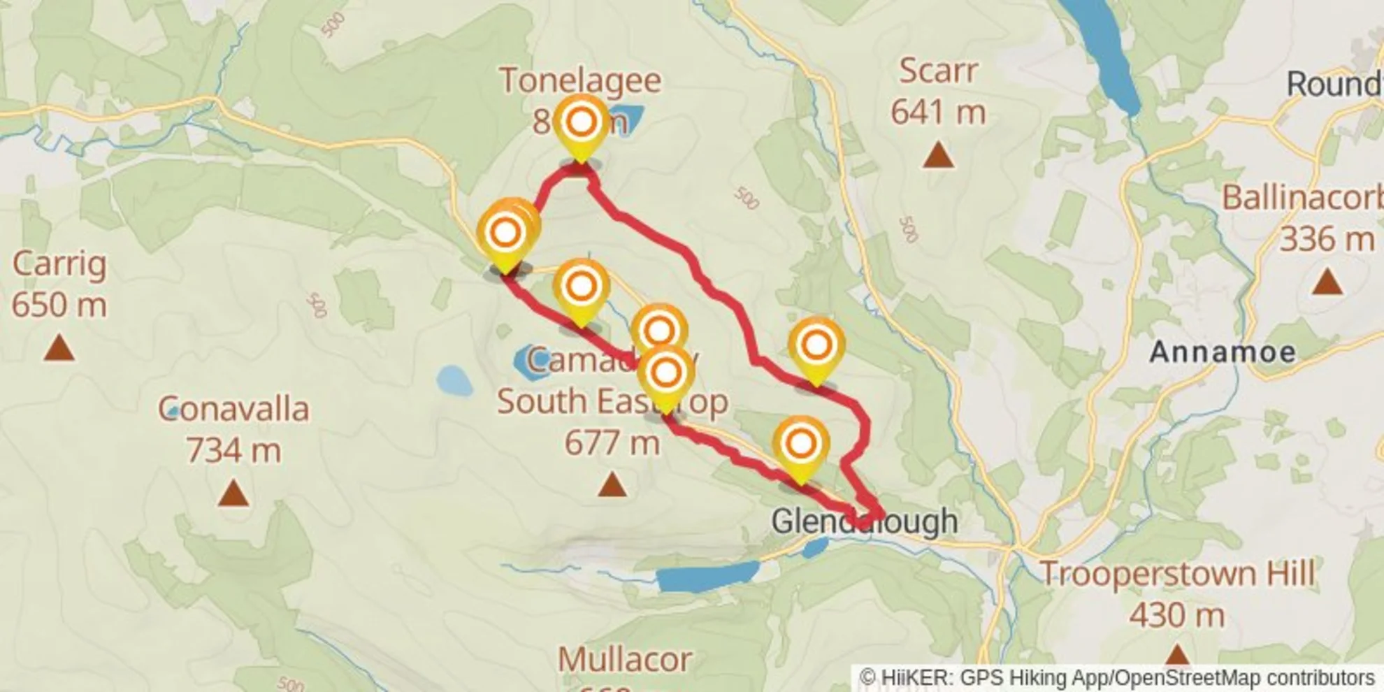 An image depicting the trail Tonelagee, Brockagh and St Kevin's Way and its surrounding area.