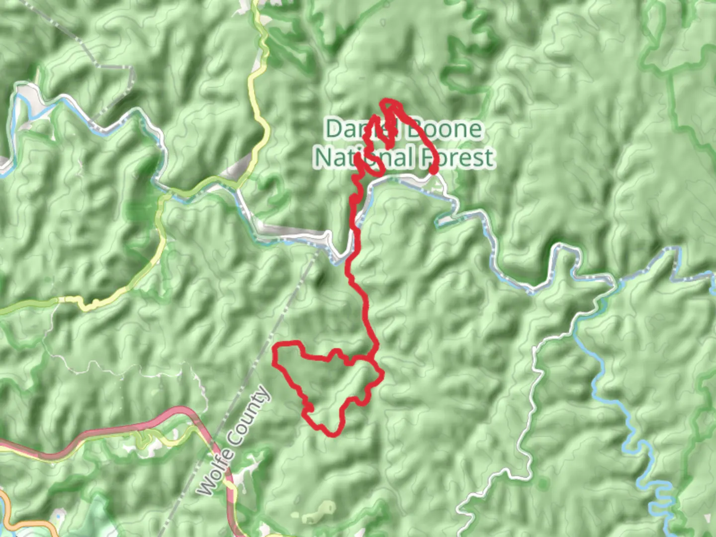 An image depicting the trail Sheltowee Trace NRT and Indian Staircase Trail and its surrounding area.
