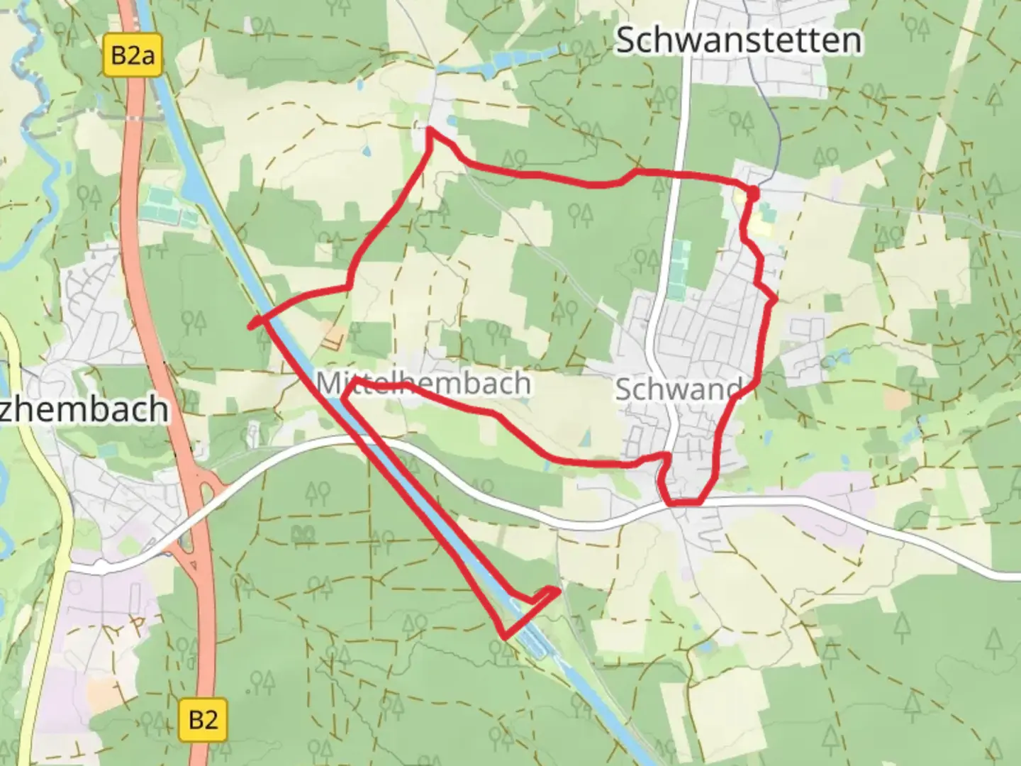 An image depicting the trail Main Donau Kanal via Zum RMD Kanal and its surrounding area.