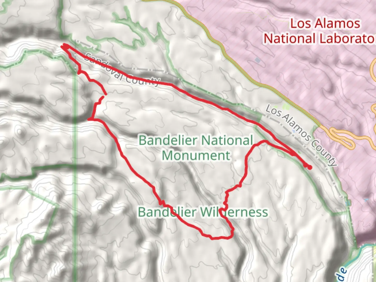 An image depicting the trail Bandelier Wilderness Trail and its surrounding area.