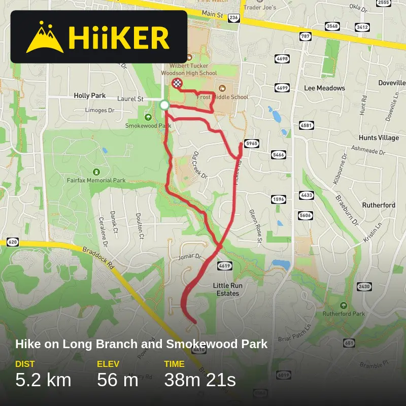 A map preview of the recording Hike on Long Branch and Smokewood Park.