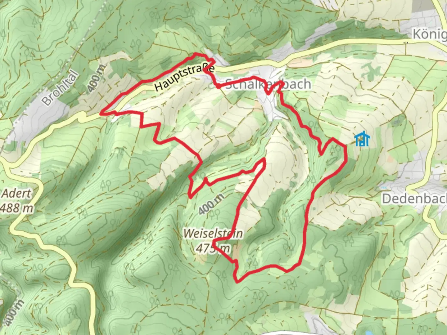 An image depicting the trail Weiselstein Loop from Schalkenbach and its surrounding area.
