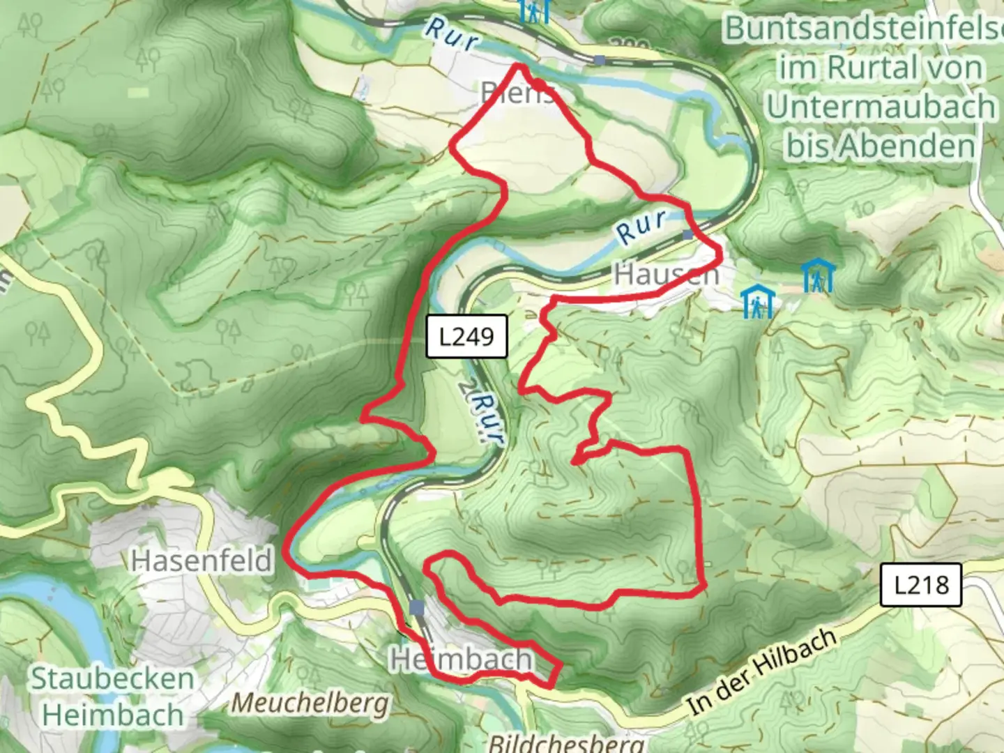 An image depicting the trail Rur via Hausen and Heimbacher Burgen LoopLoop and its surrounding area.