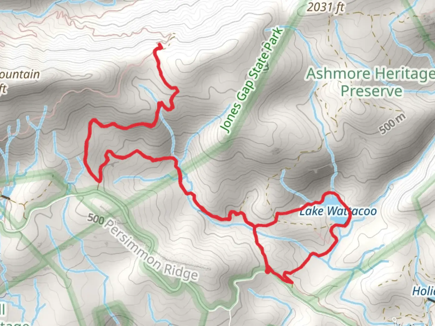An image depicting the trail Mountain Bridge Passage Trail and Lake Wattacoo and its surrounding area.